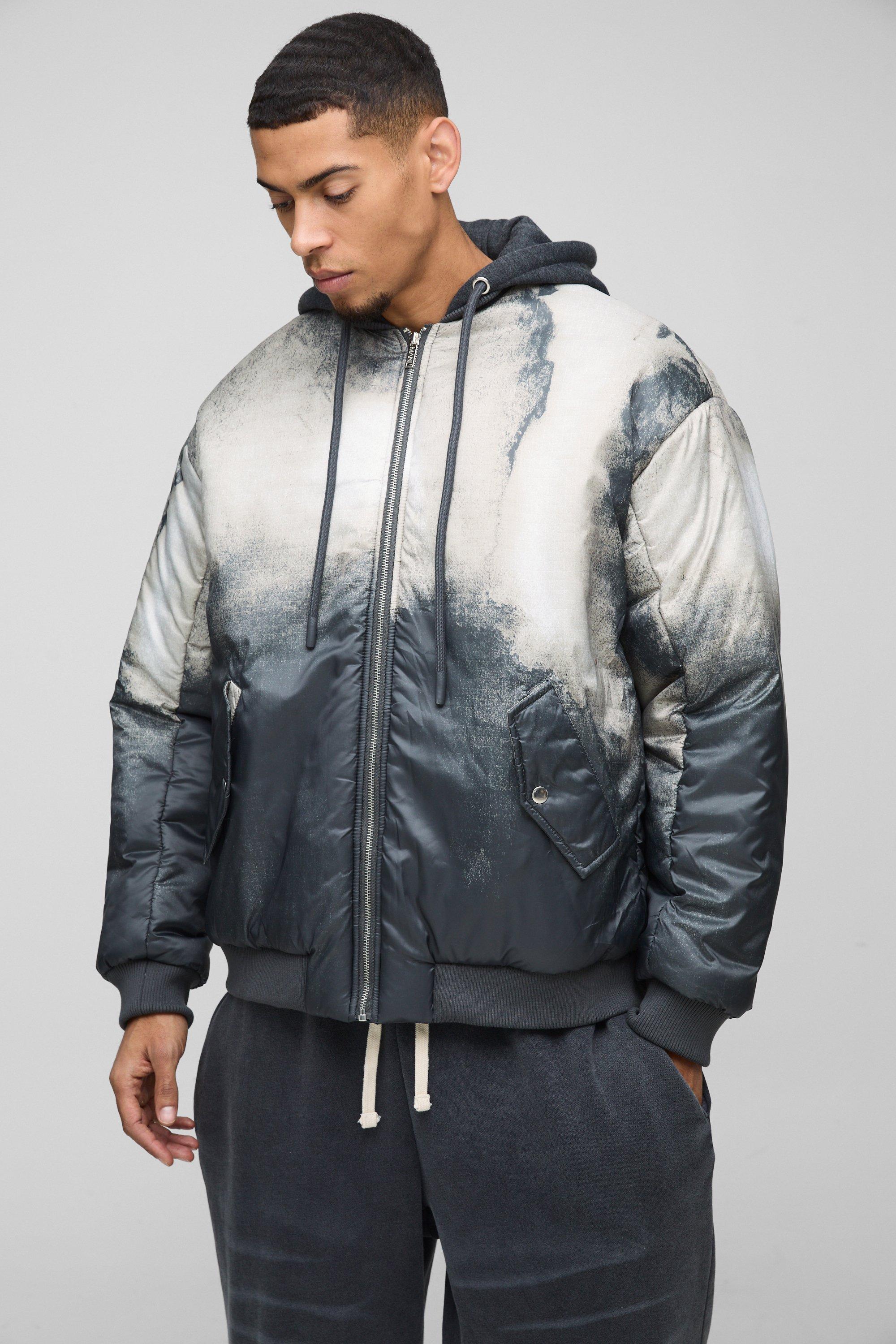 Mens Grey Oversized Abstract Print Hooded Bomber Jacket In Charcoal, Grey