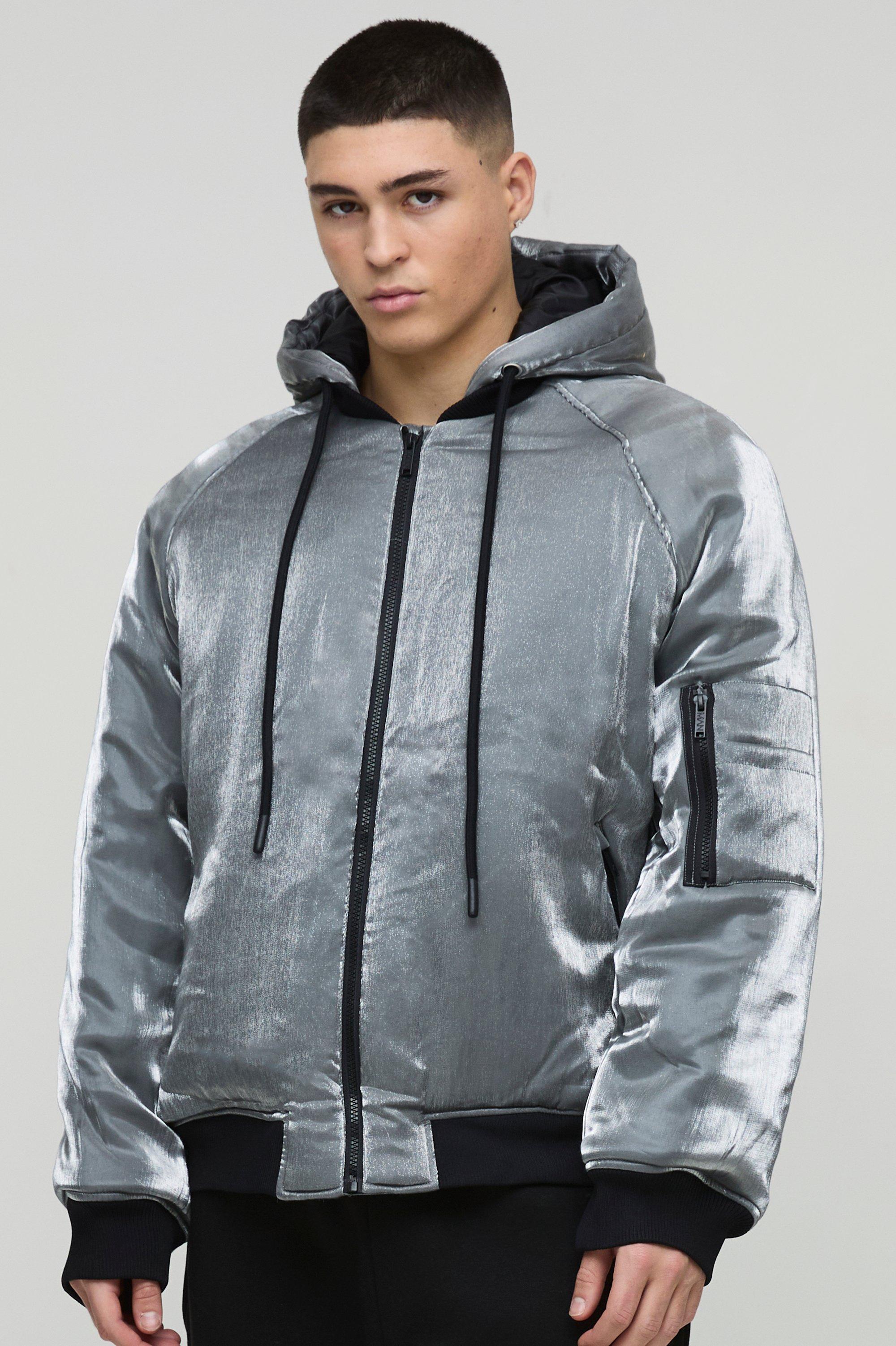 Giacca Bomber oversize color grigio metallizzato con cappuccio e cappuccio, Grigio