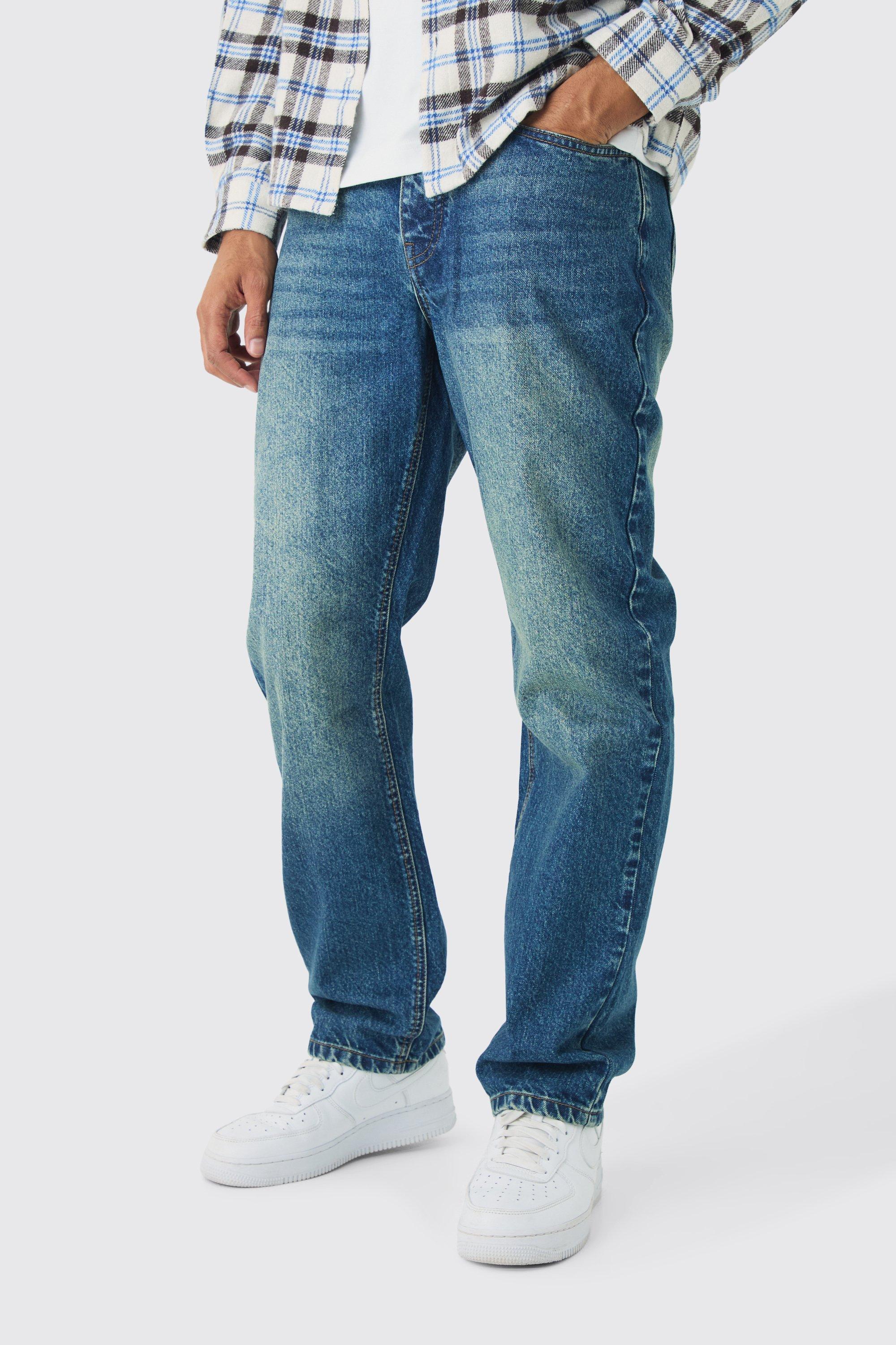 Jeans rilassati in denim rigido blu vintage, Azzurro