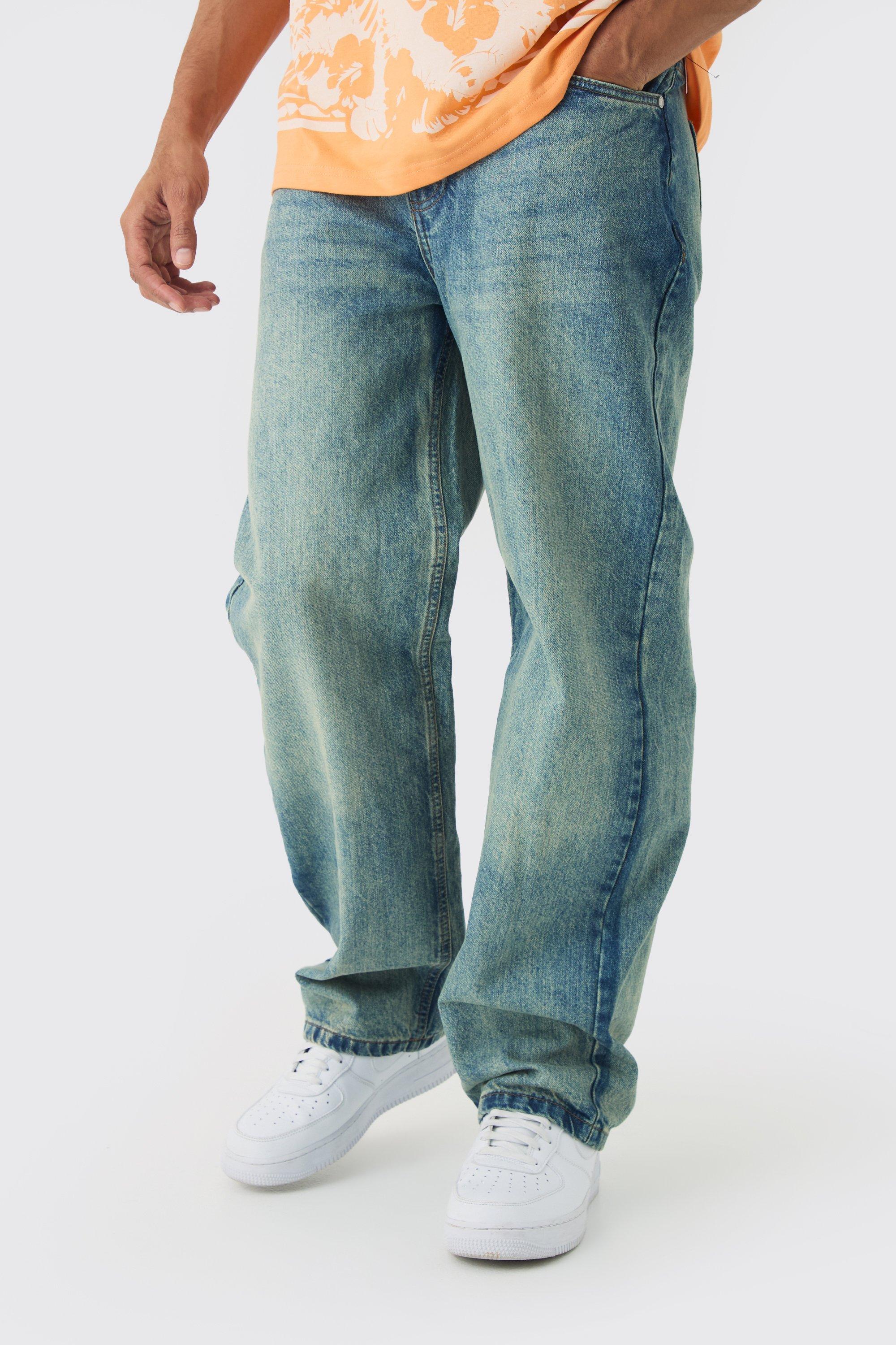 Jeans extra comodi in denim rigido blu antico, Azzurro