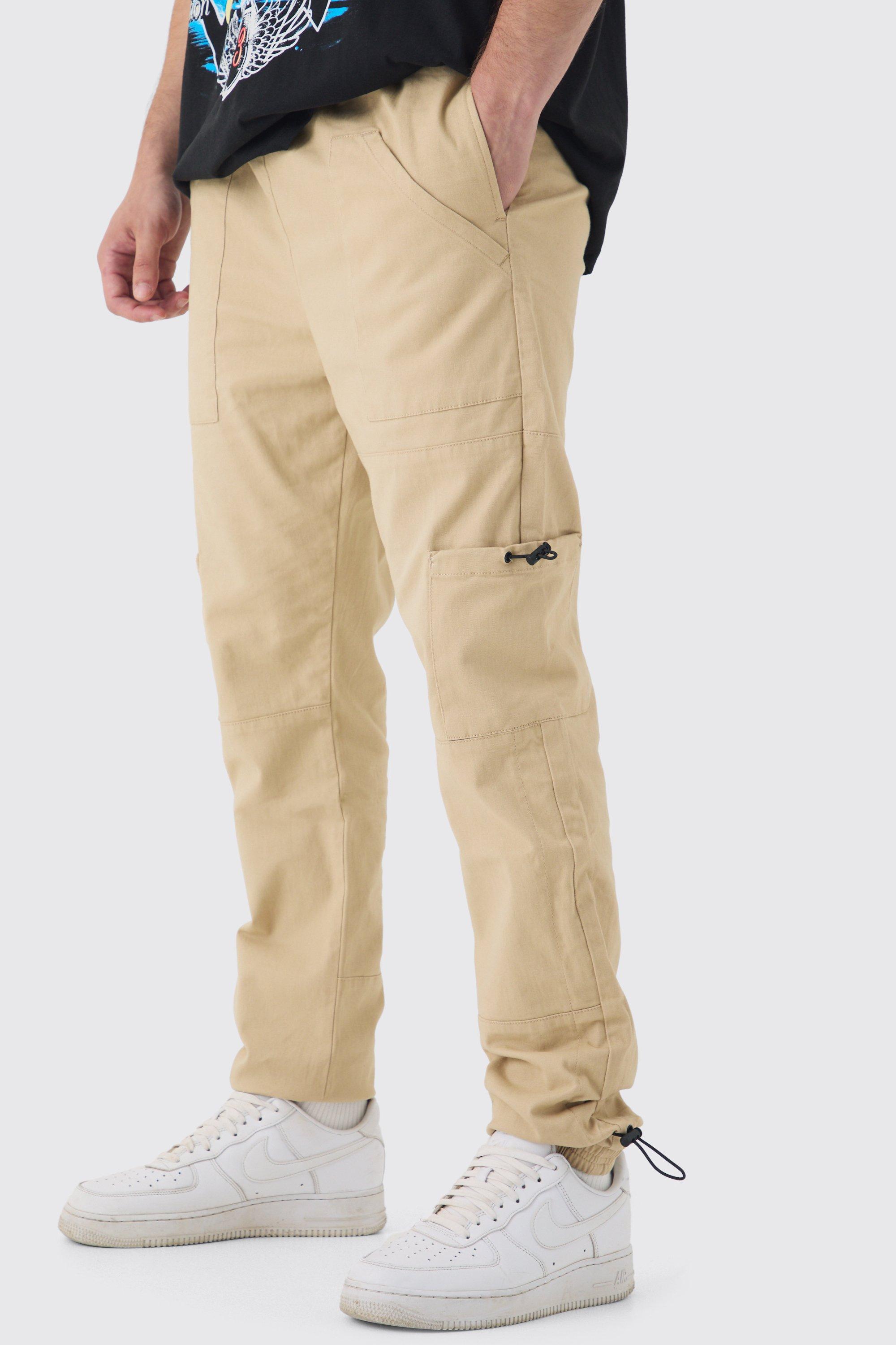 Mens Beige Tall Toggle Detail Slim Fit Cargo Joggers, Beige