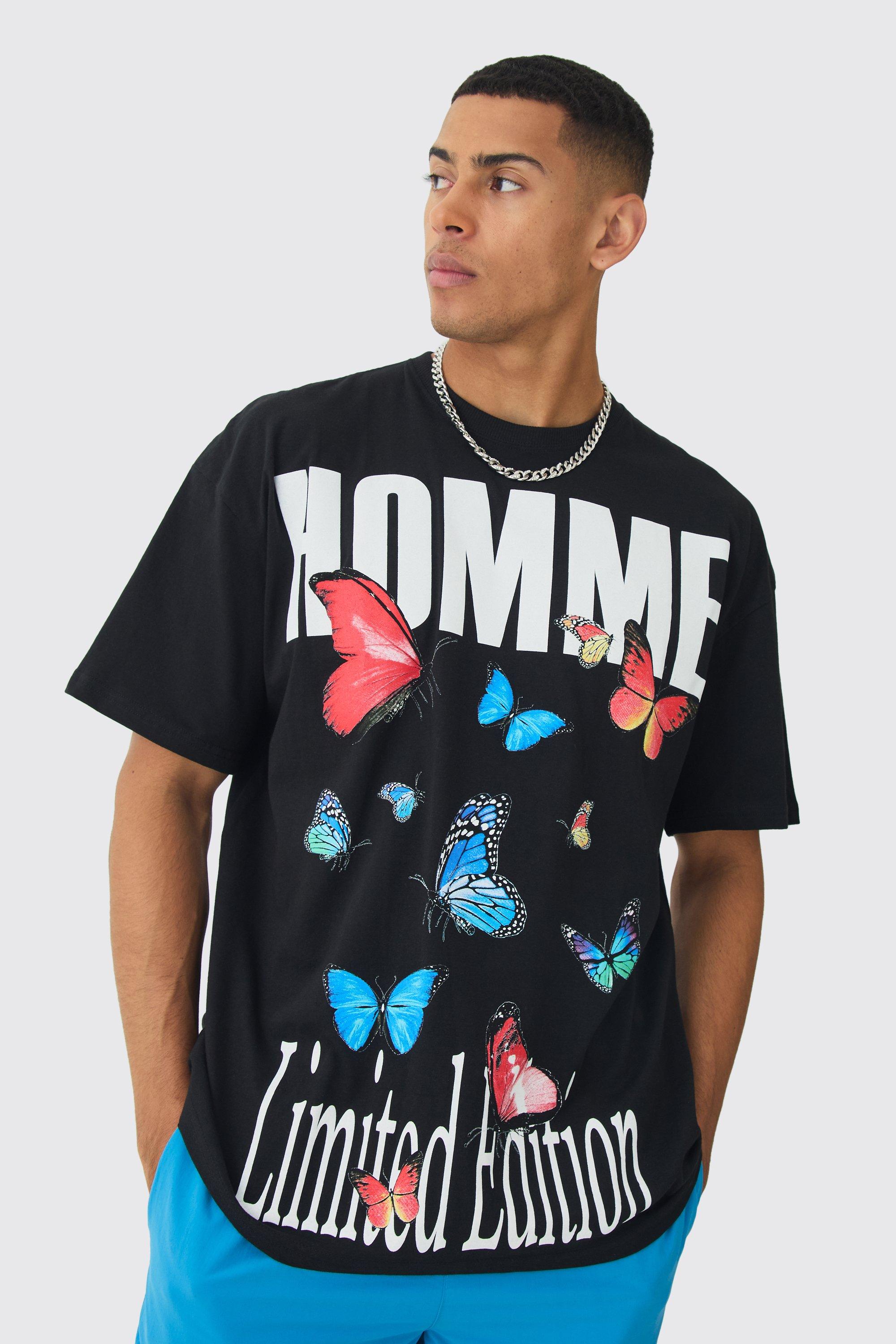 Mens Black Oversized Butterfly Limited Edition Print T-shirt, Black