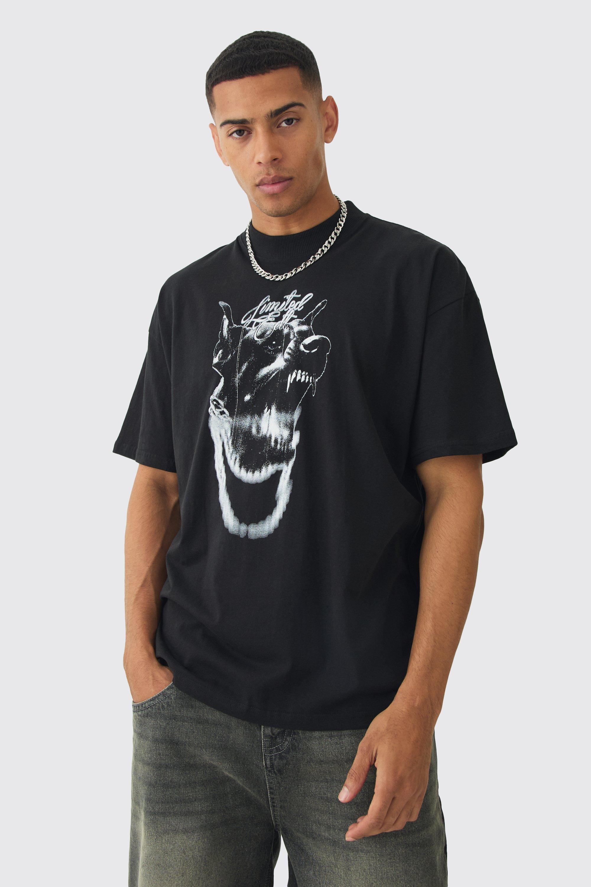 Mens Black Oversized Extended Neck Dog Graphic T-shirt, Black