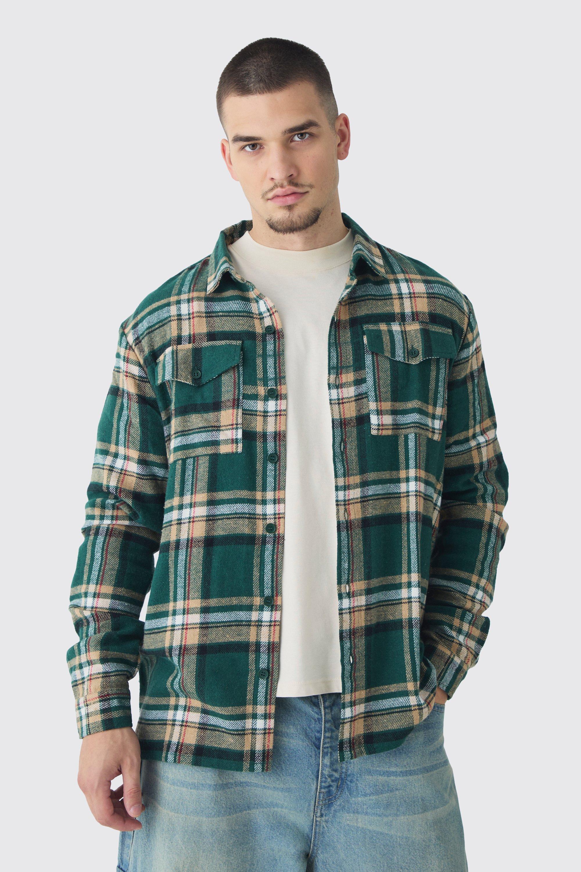 Mens Green Tall Oversized Forest Large Scale Brushed Checked Shirt, Green