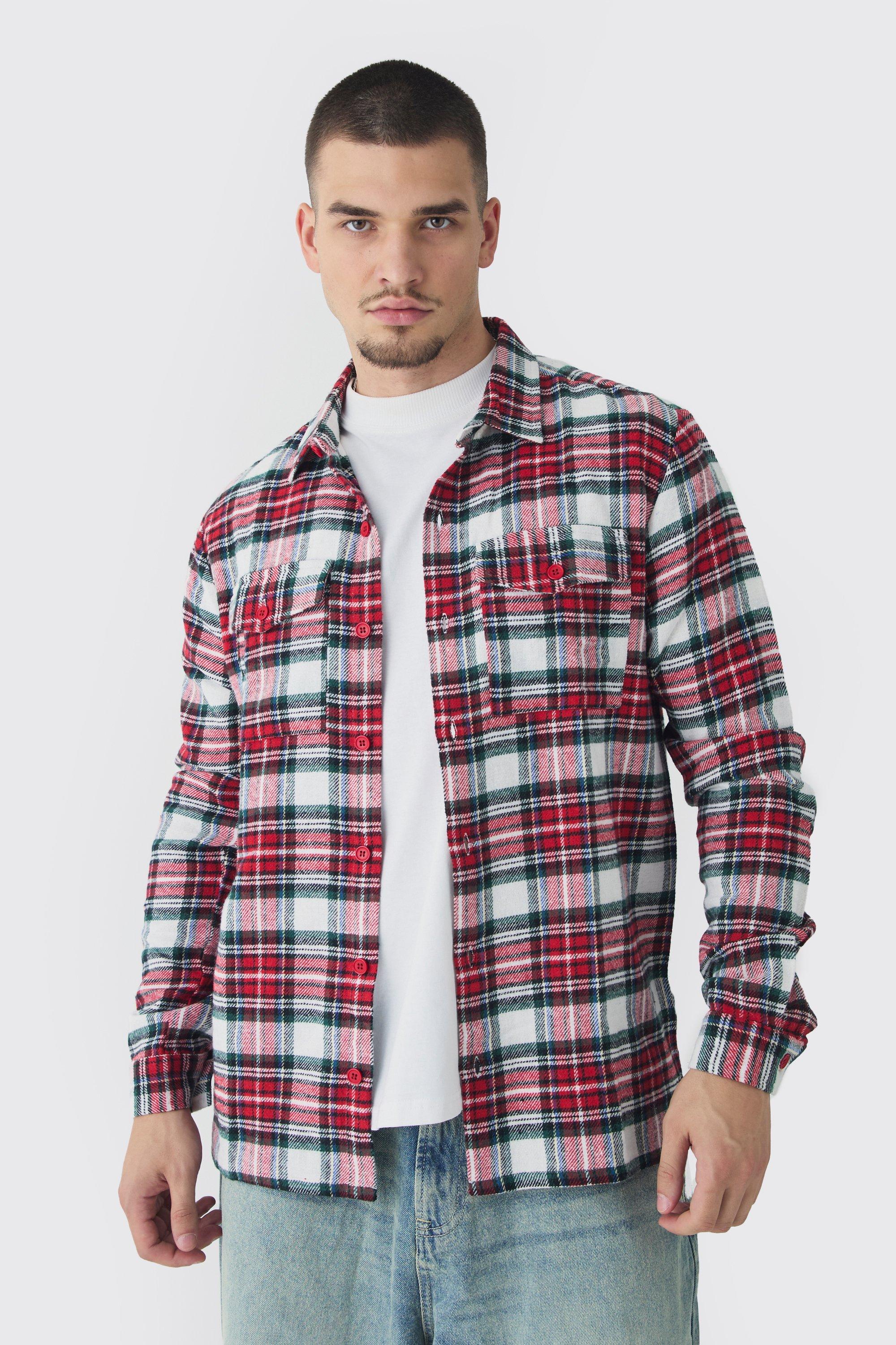 Mens Tall Brushed Red Tartan Checked Oversized Shirt, Red