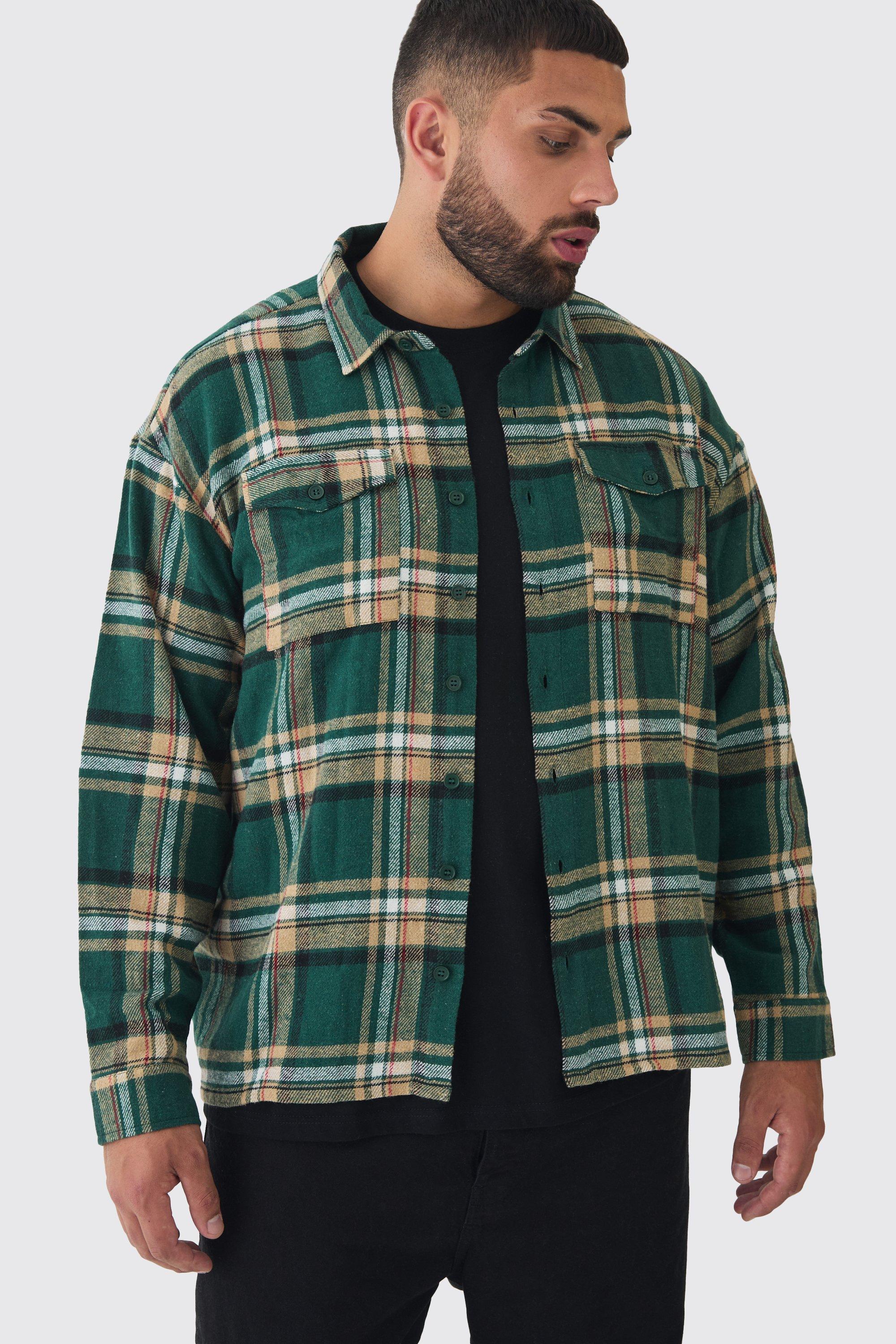 Mens Green Plus Oversized Forest Large Scale Brushed Checked Shirt, Green