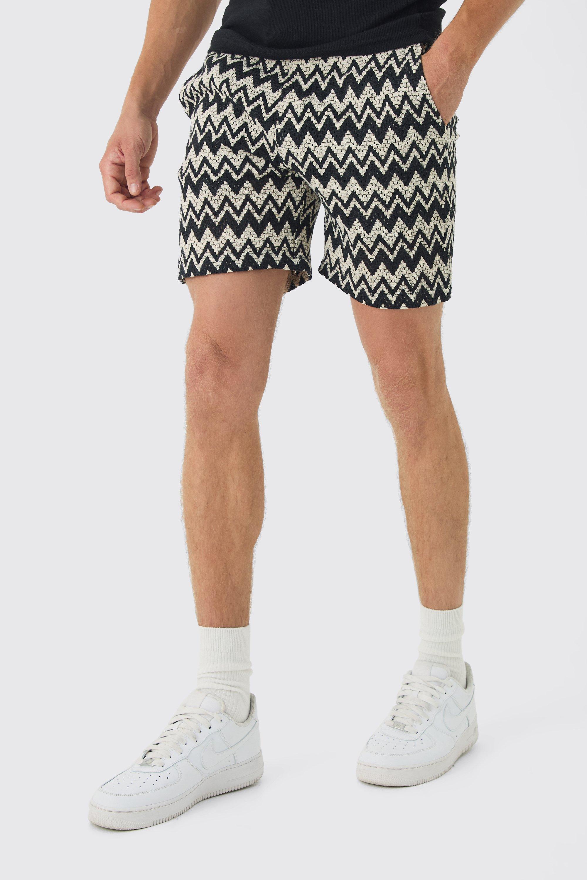 Mens Black Elasticated Waist Zig Zag Crochet Shorts, Black