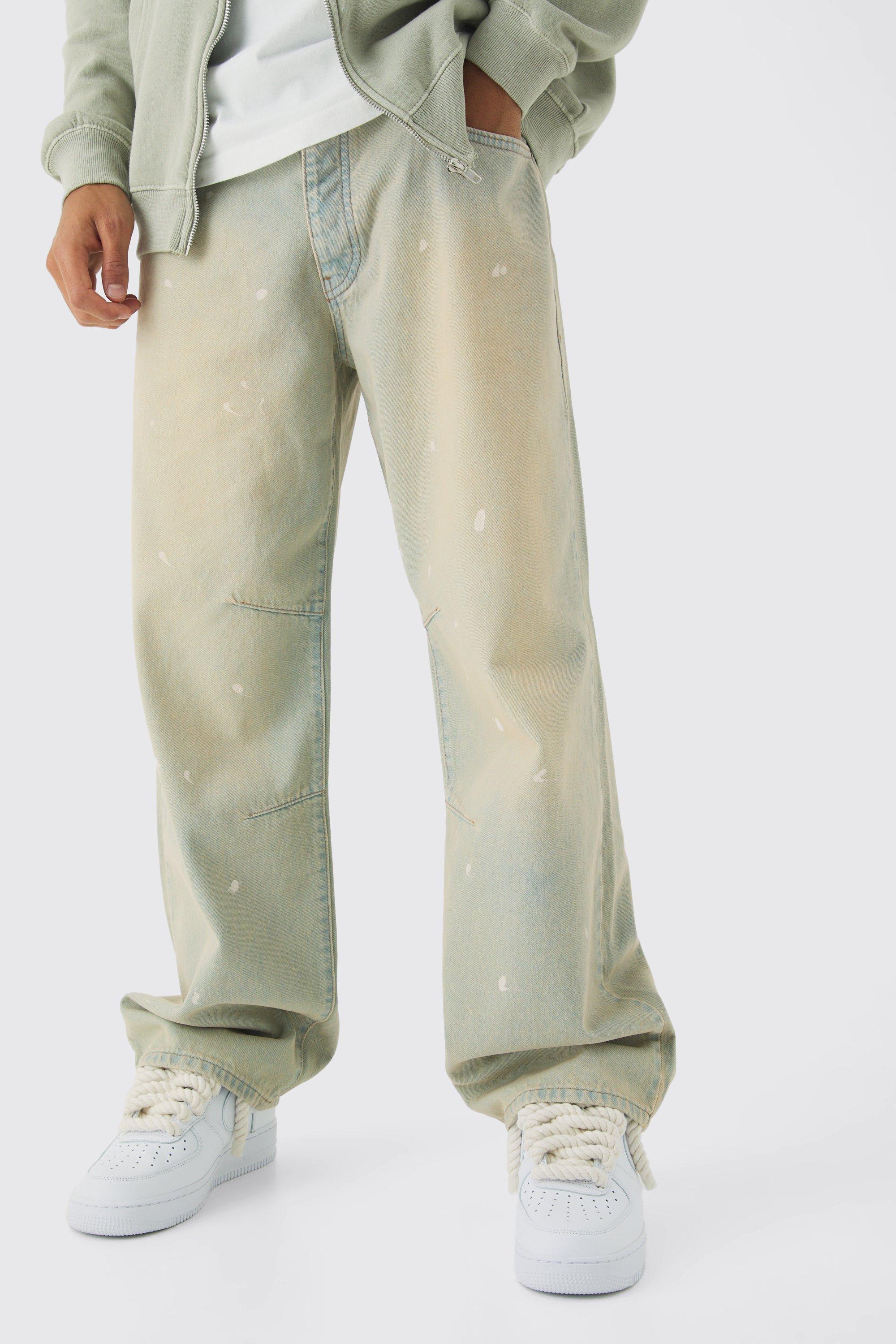 Mens Cream Relaxed Rigid Paint Splatter Denim Jeans, Cream