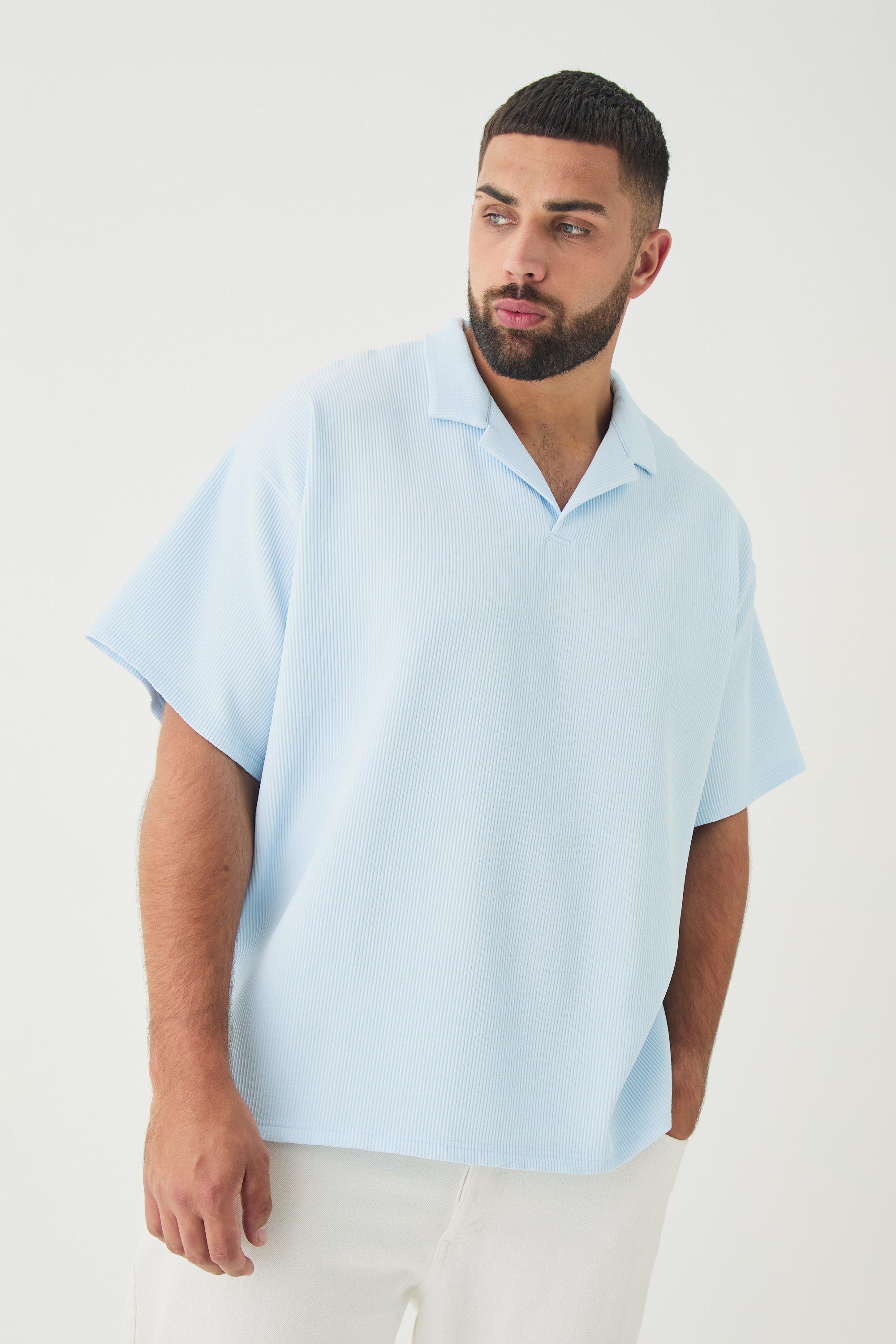 Mens Plus Drop Revere Pleated Polo In Blue, Blue