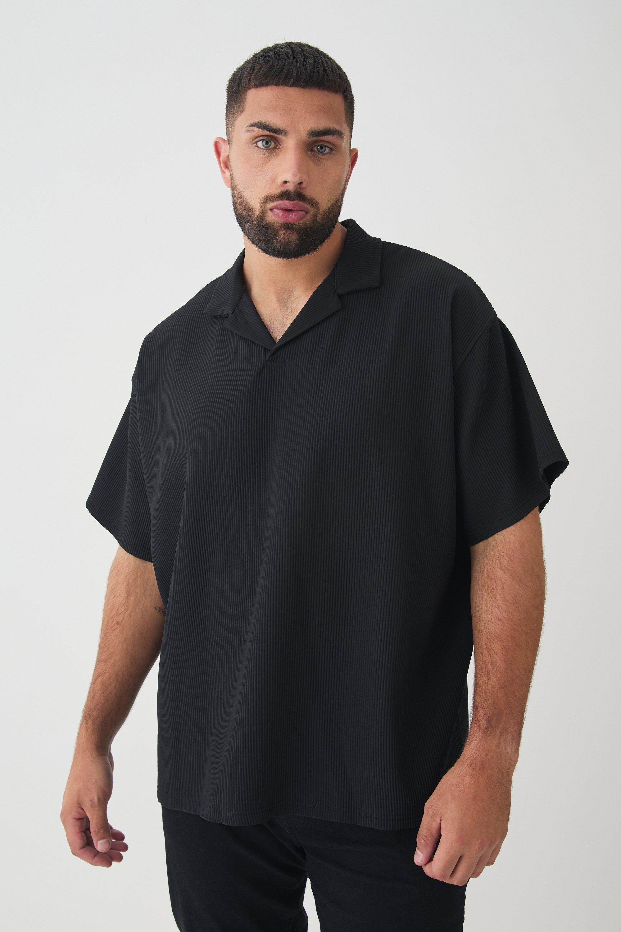 Mens Plus Drop Revere Pleated Polo In Black, Black