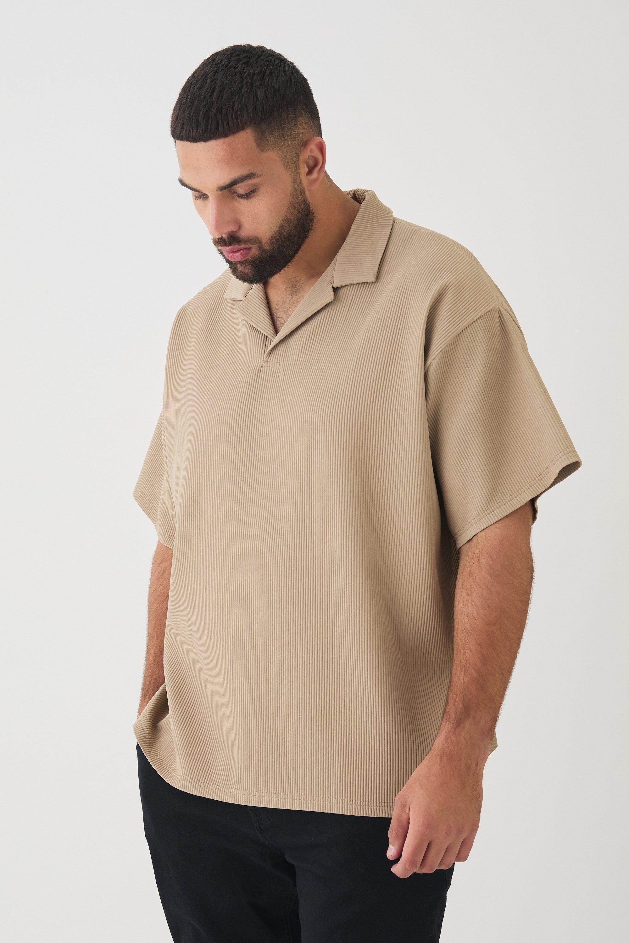 Mens Beige Plus Drop Revere Pleated Polo In Taupe, Beige