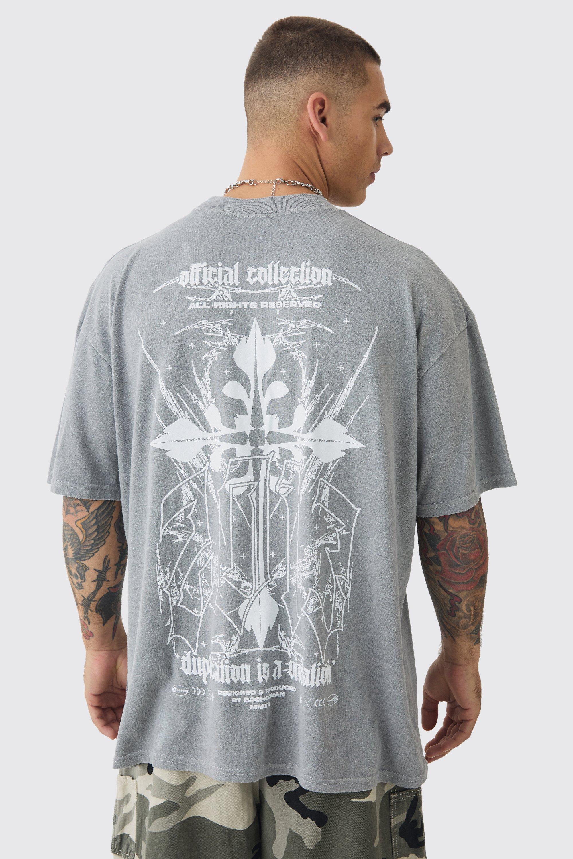 Mens Grey Oversized Extended Neck Gothic Cross T-shirt, Grey