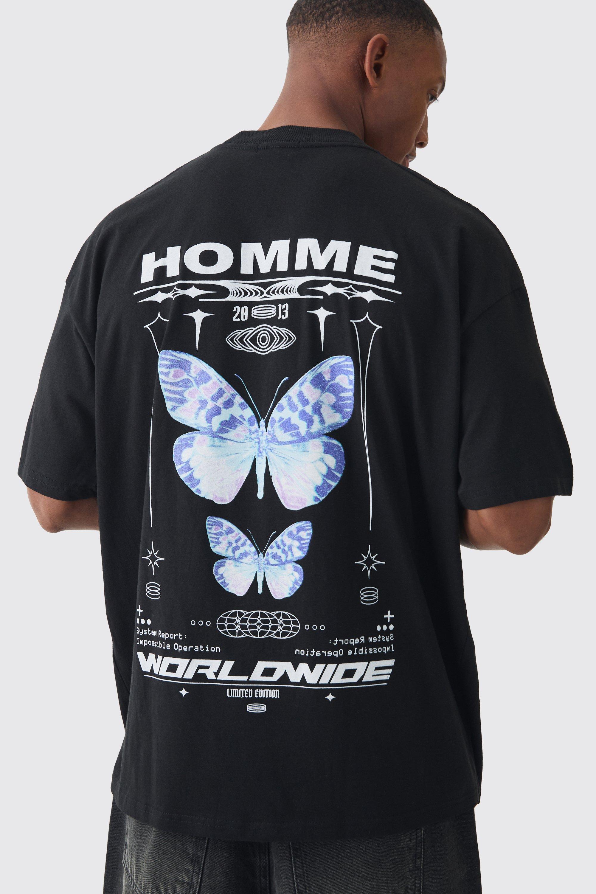 Mens Black Oversized Extended Neck Homme Butterfly Print T-shirt, Black