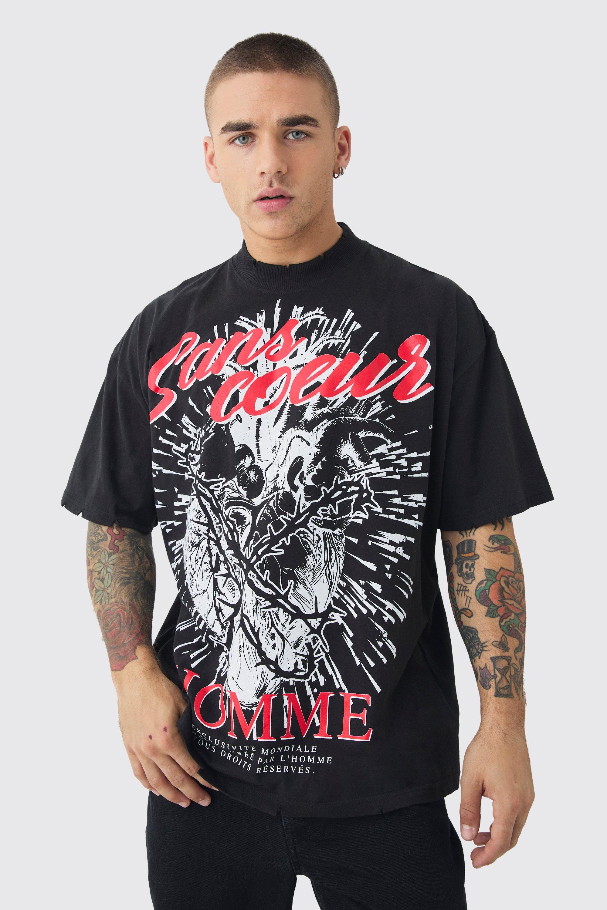 T-shirt oversize con grafica di cuore e girocollo esteso, Nero