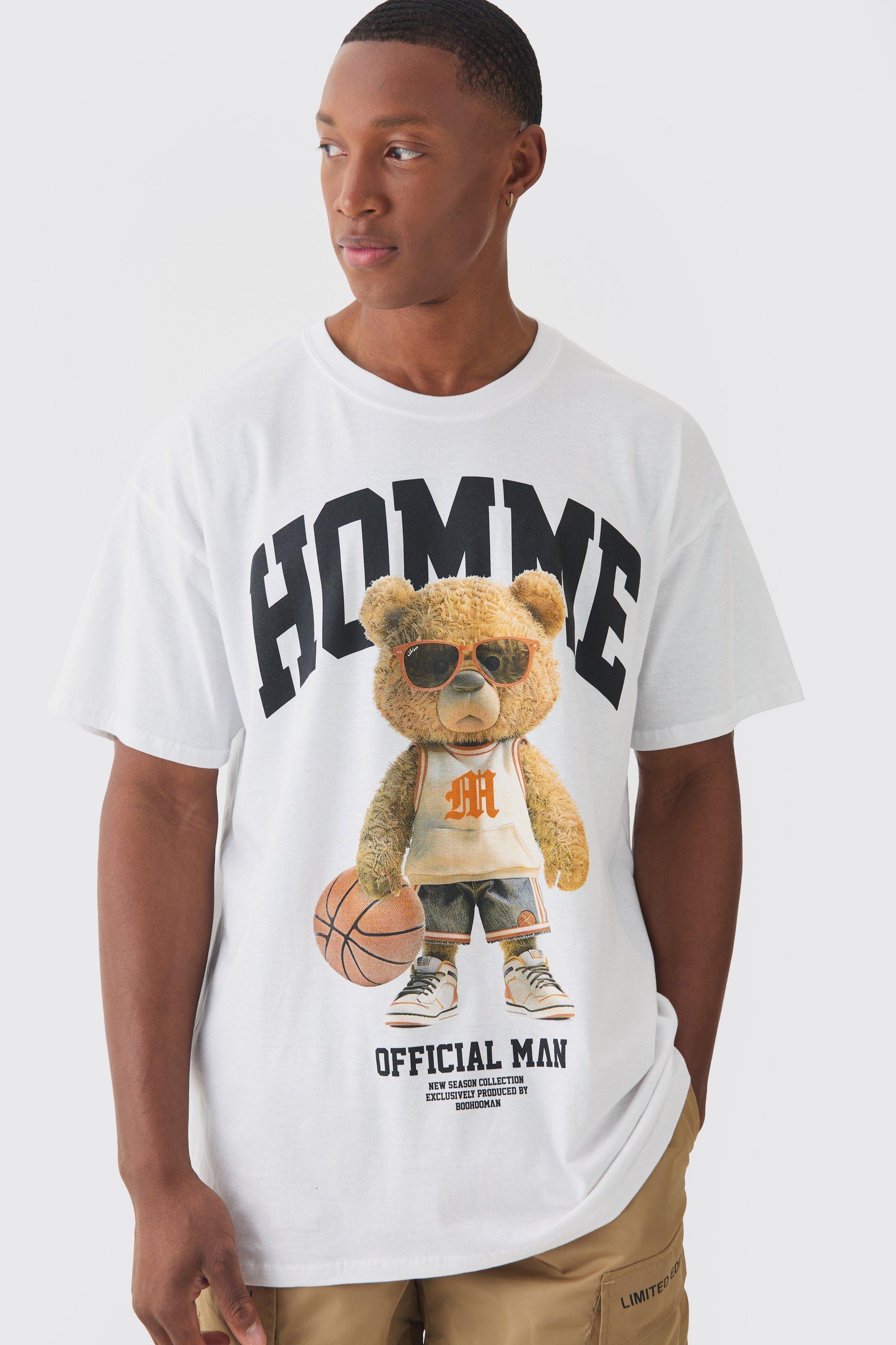 Mens White Oversized Varsity Teddy Graphic T-shirt, White