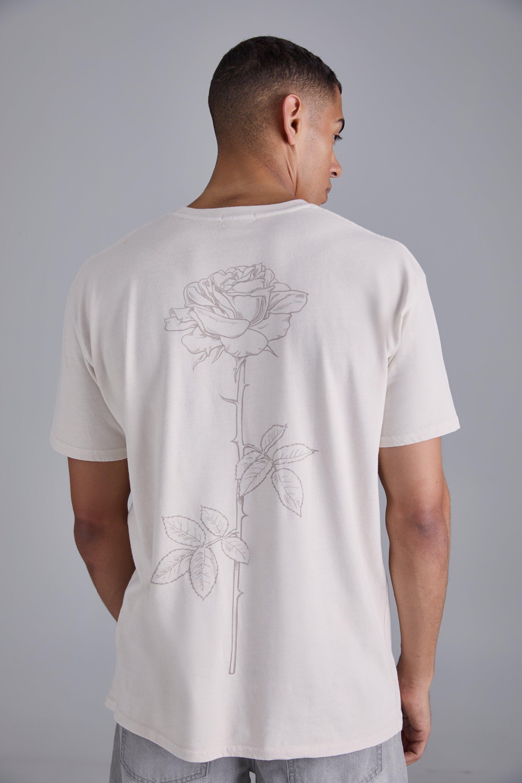 Mens Cream Line Drawing Rose Stem Print T-shirt, Cream