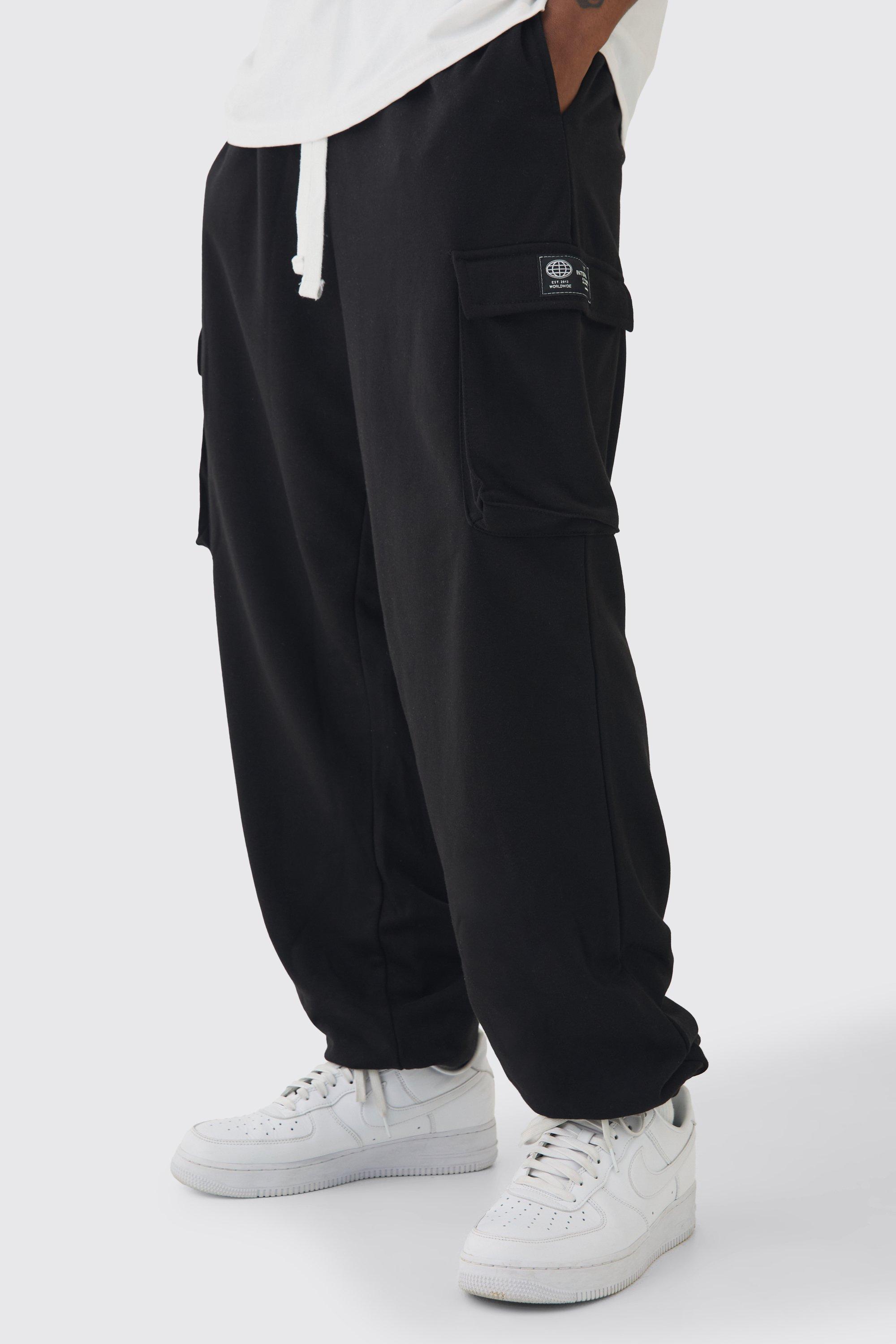 Mens Black Tall Woven Tab Oversized Fit Cargo Joggers, Black