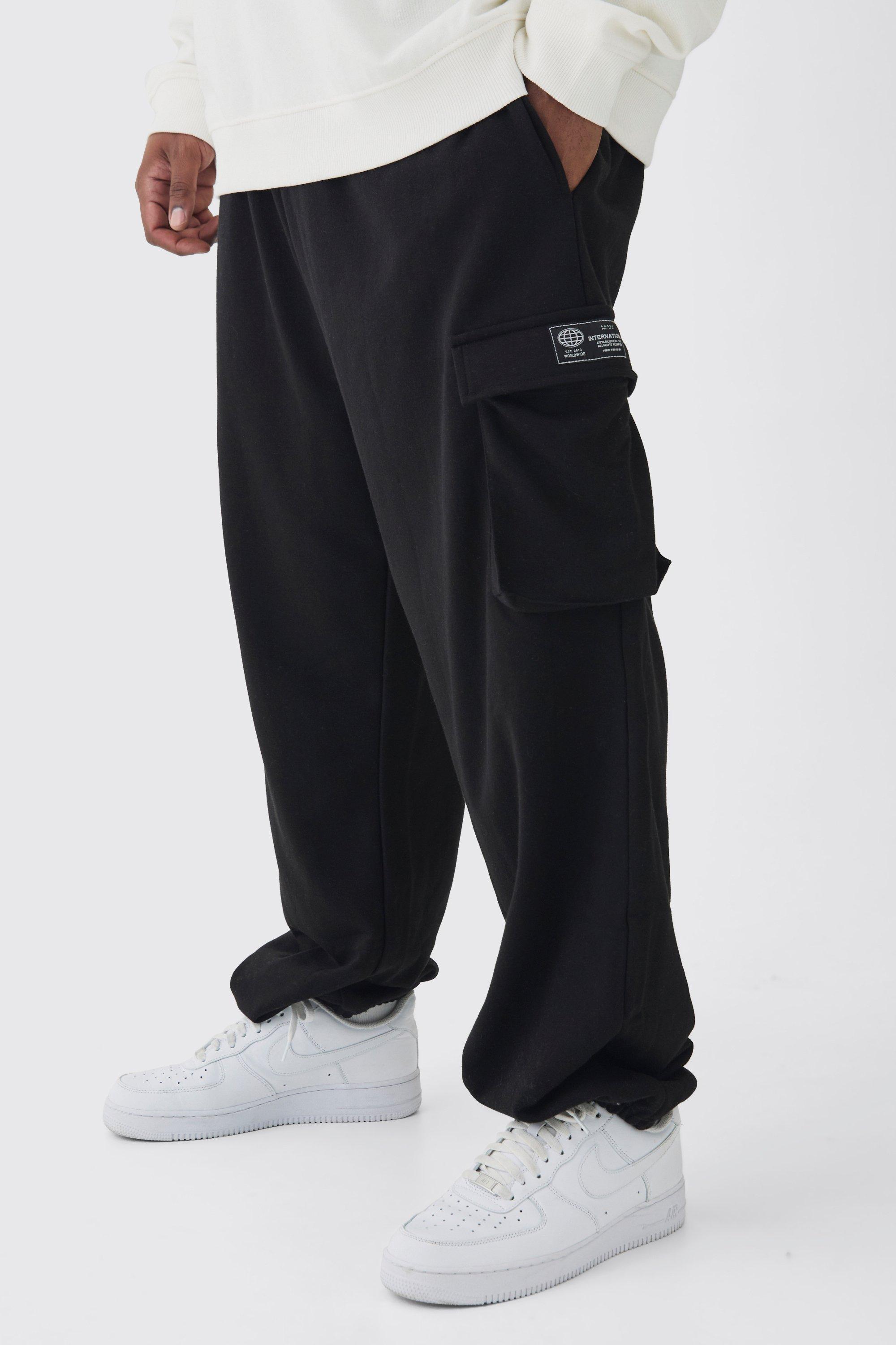 Mens Black Plus Woven Tab Oversized Fit Cargo Joggers, Black