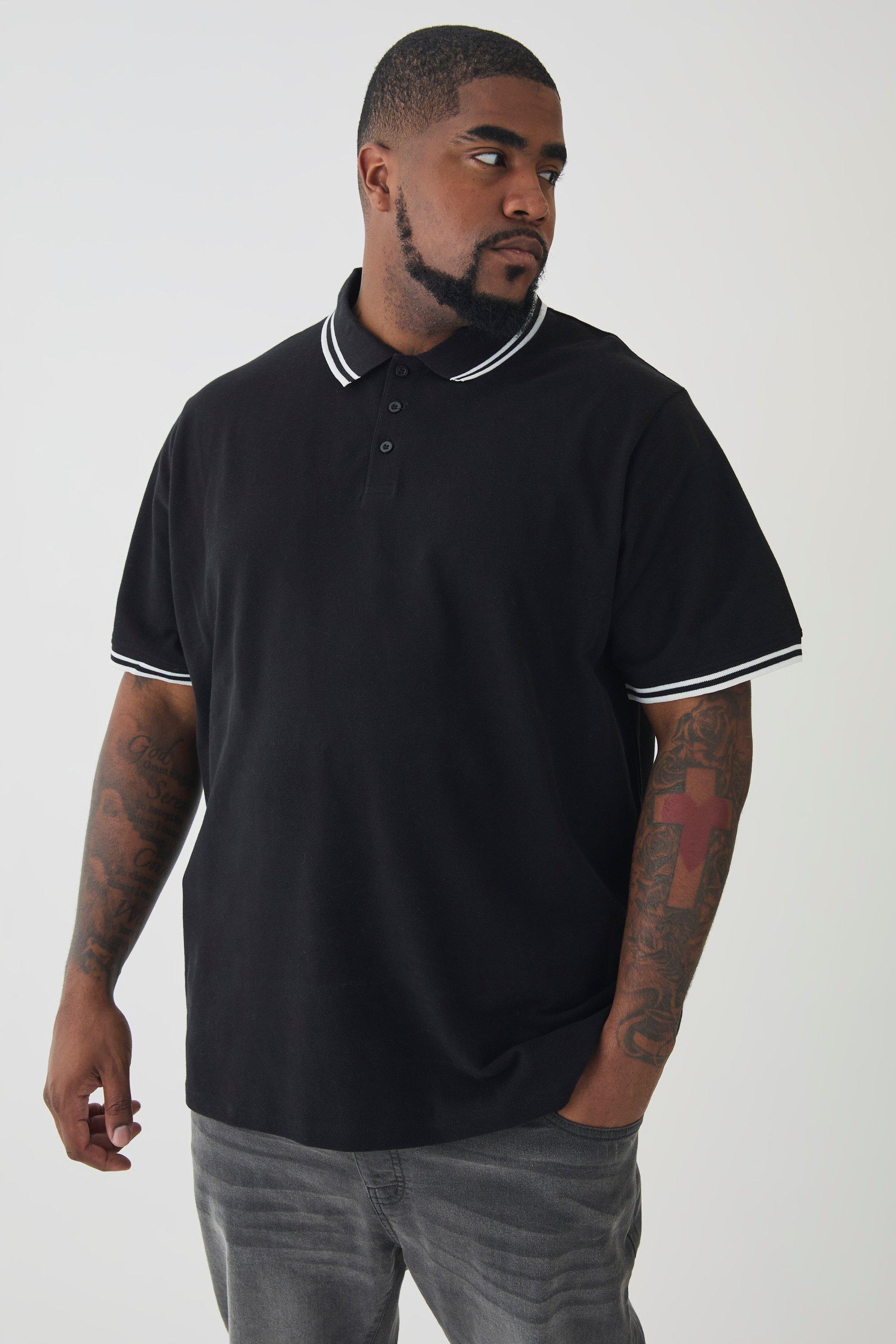Image of Polo Plus Size Slim Fit in piqué di colore nero con righe a contrasto, Nero