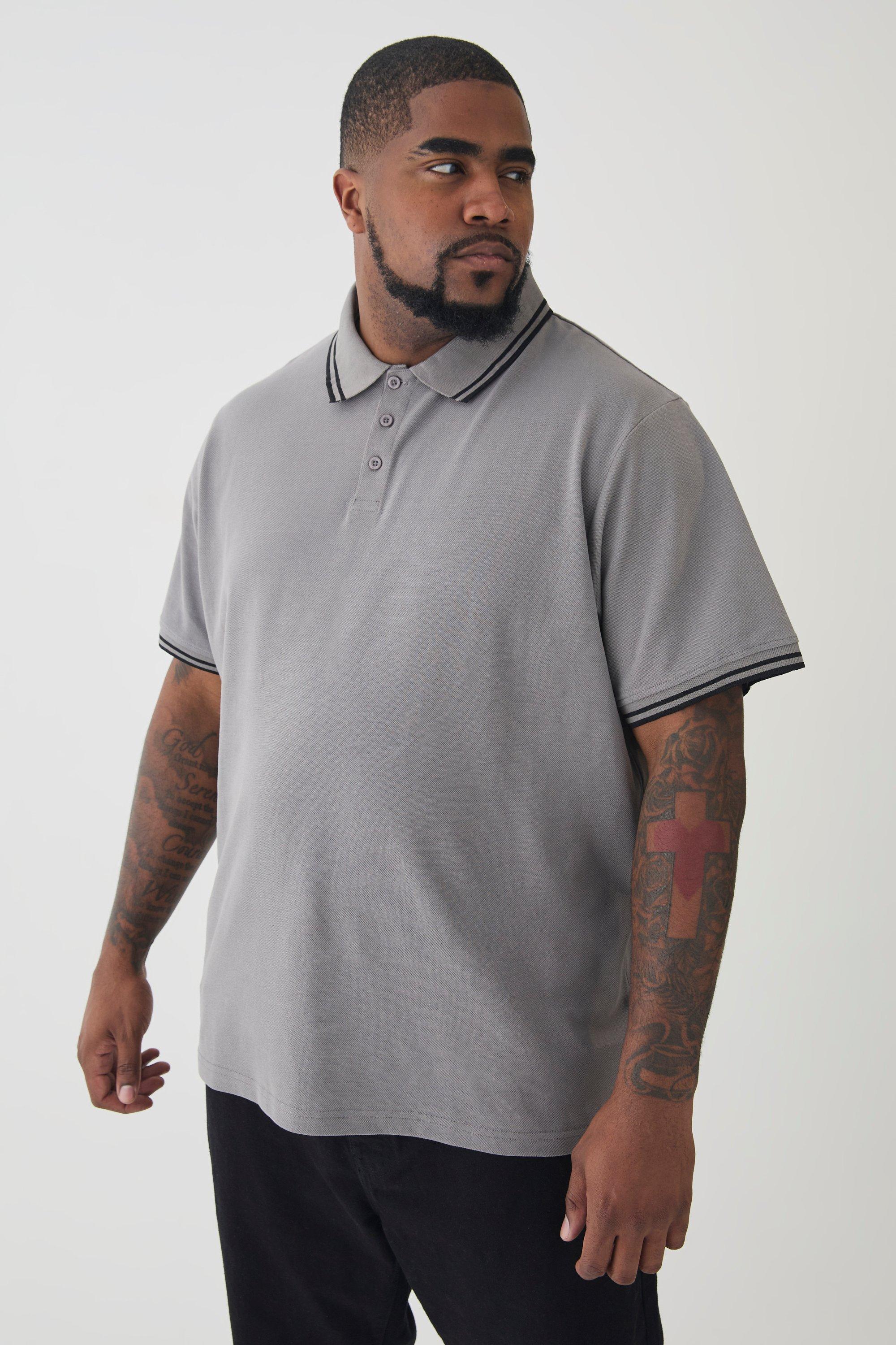 Mens Plus Slim Tipped Pique Polo In Slate Grey, Grey