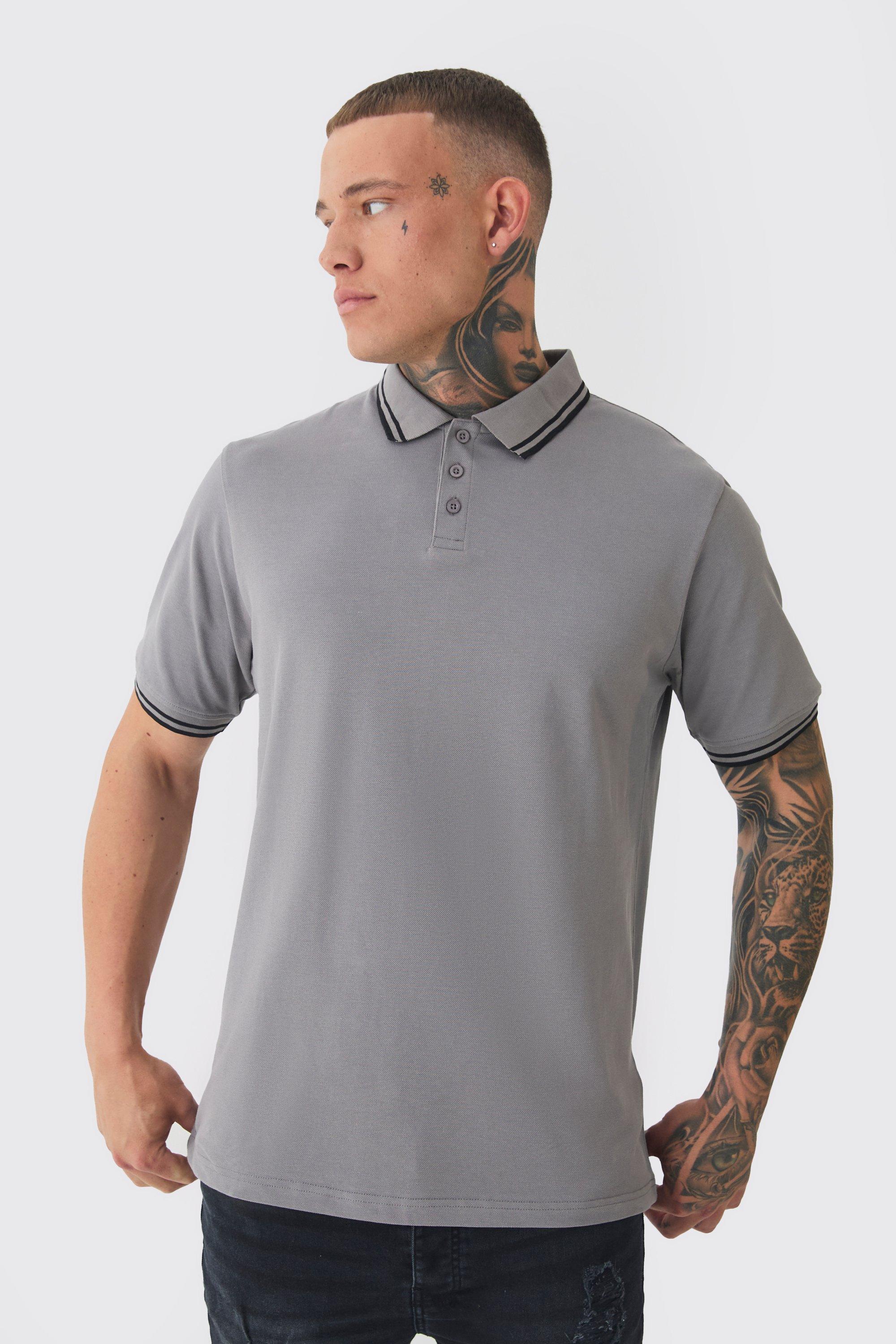 Mens Tall Slim Tipped Pique Polo In Slate Grey, Grey