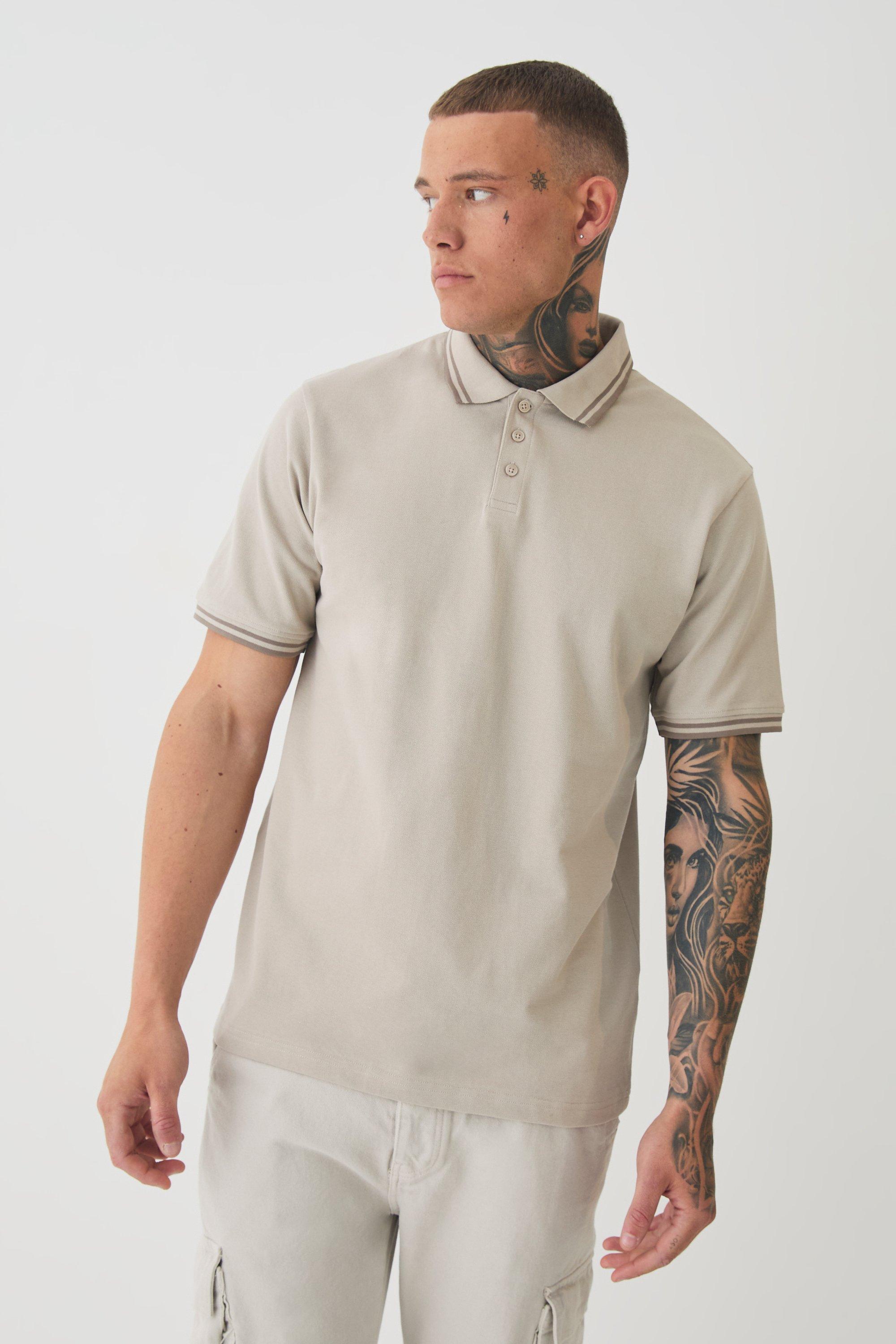 Mens Beige Tall Slim Tipped Pique Polo In Stone, Beige