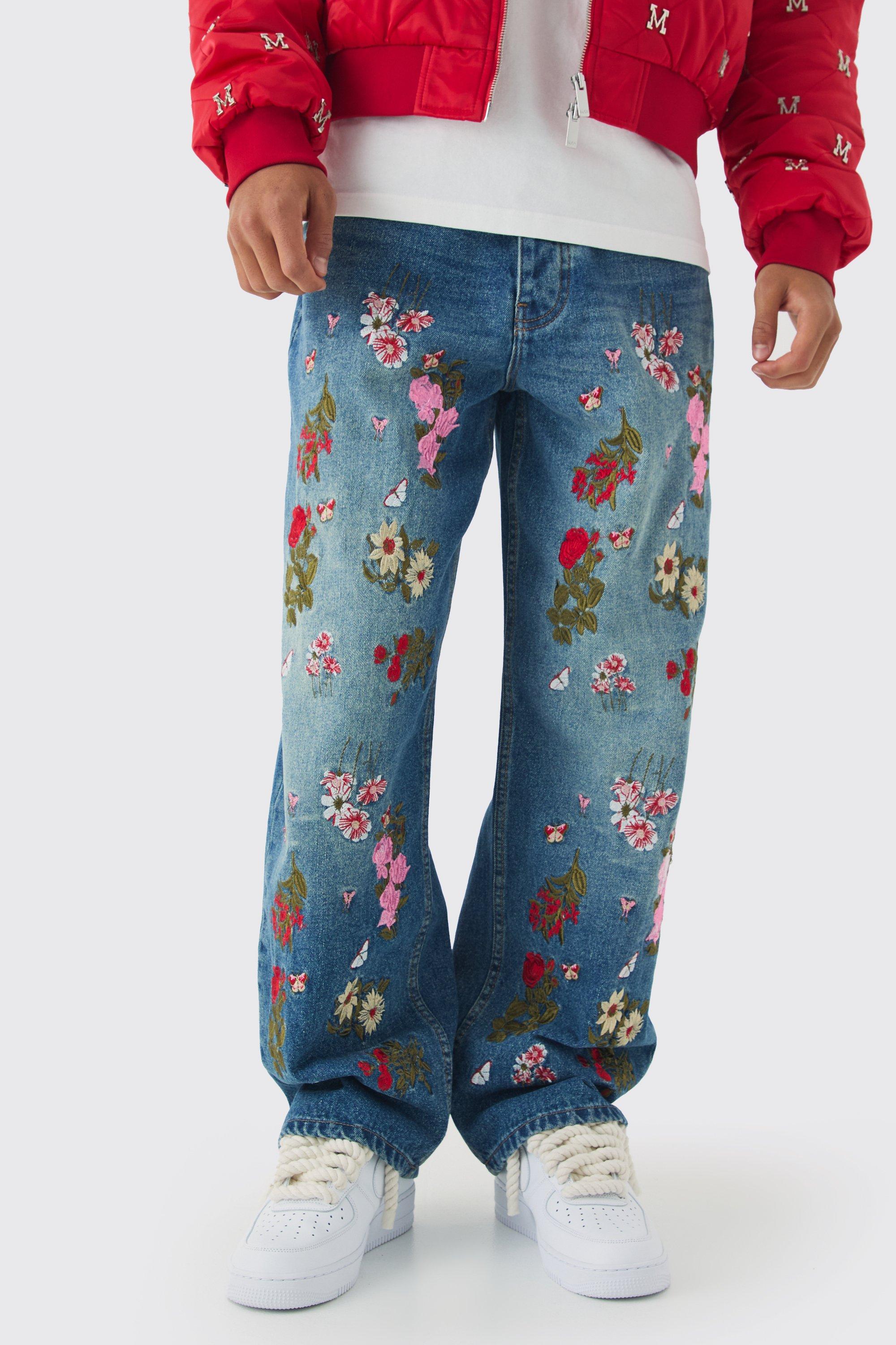 Mens Blue Baggy Fit Rigid Floral Embroidered Jeans, Blue