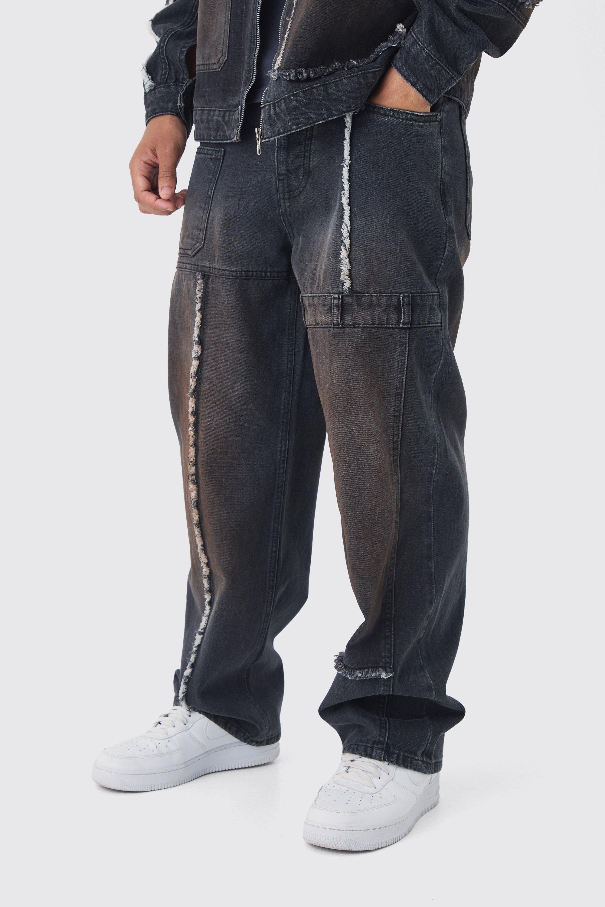 Jeans extra comodi slavati in denim rigido stile Carpenter, Nero