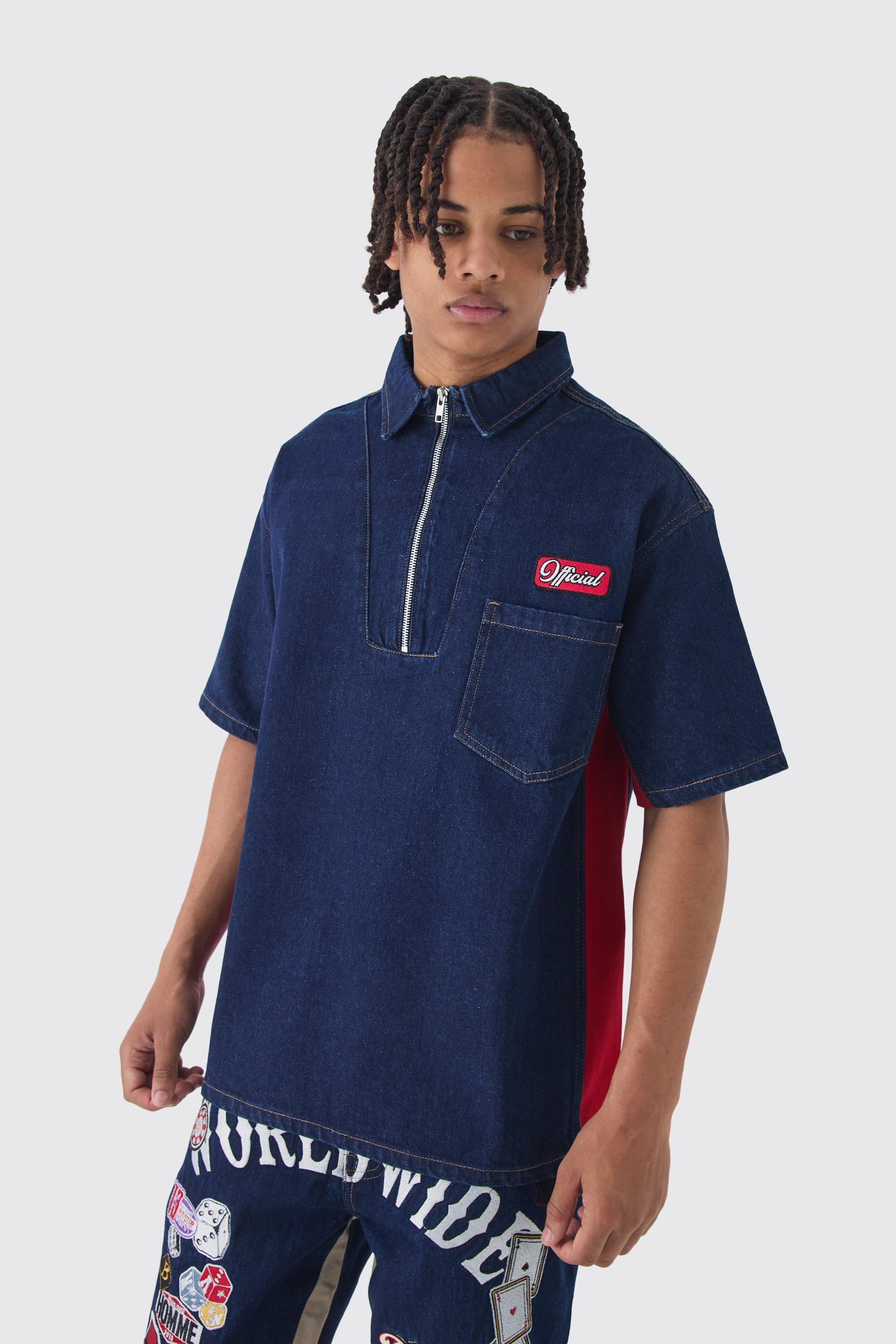 Mens Blue Oversized Zip Through Badge Denim Shirt, Blue