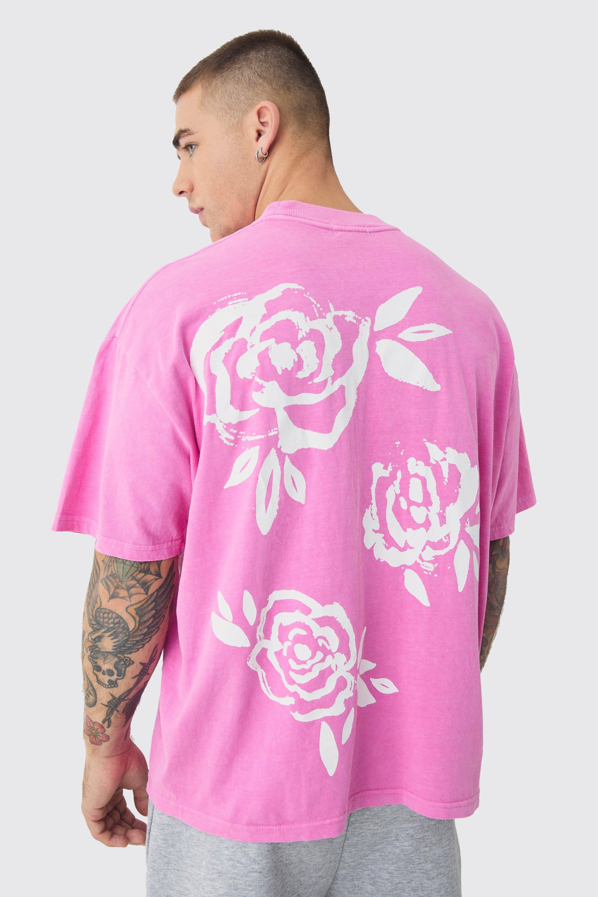 Mens Pink Oversized Extended Neck Floral Print T-shirt, Pink