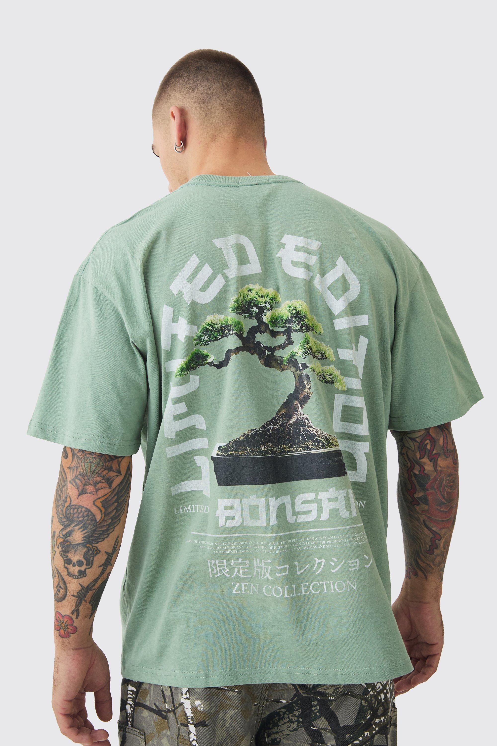 T-shirt oversize slavata con stampa di albero, Verde