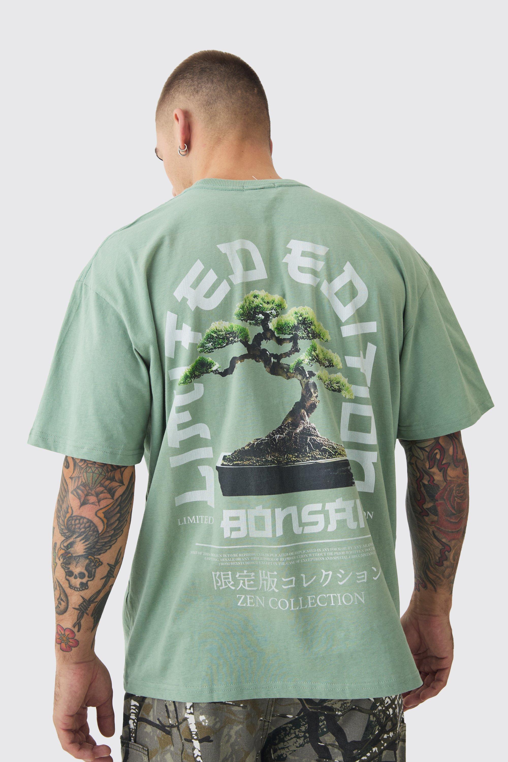 Mens Green Oversized Tree Print Washed T-shirt, Green