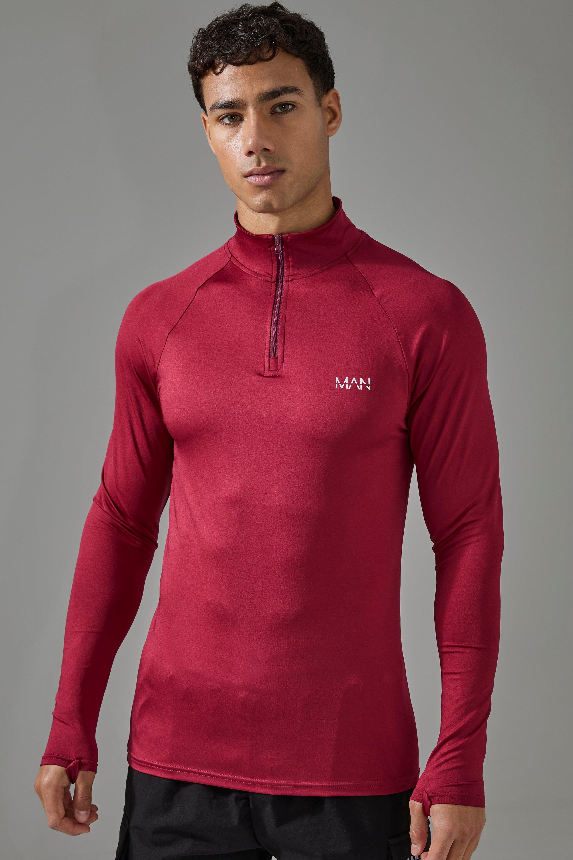 Mens Red Man Active Gym Raglan Muscle Fit 1/4 Zip Top, Red