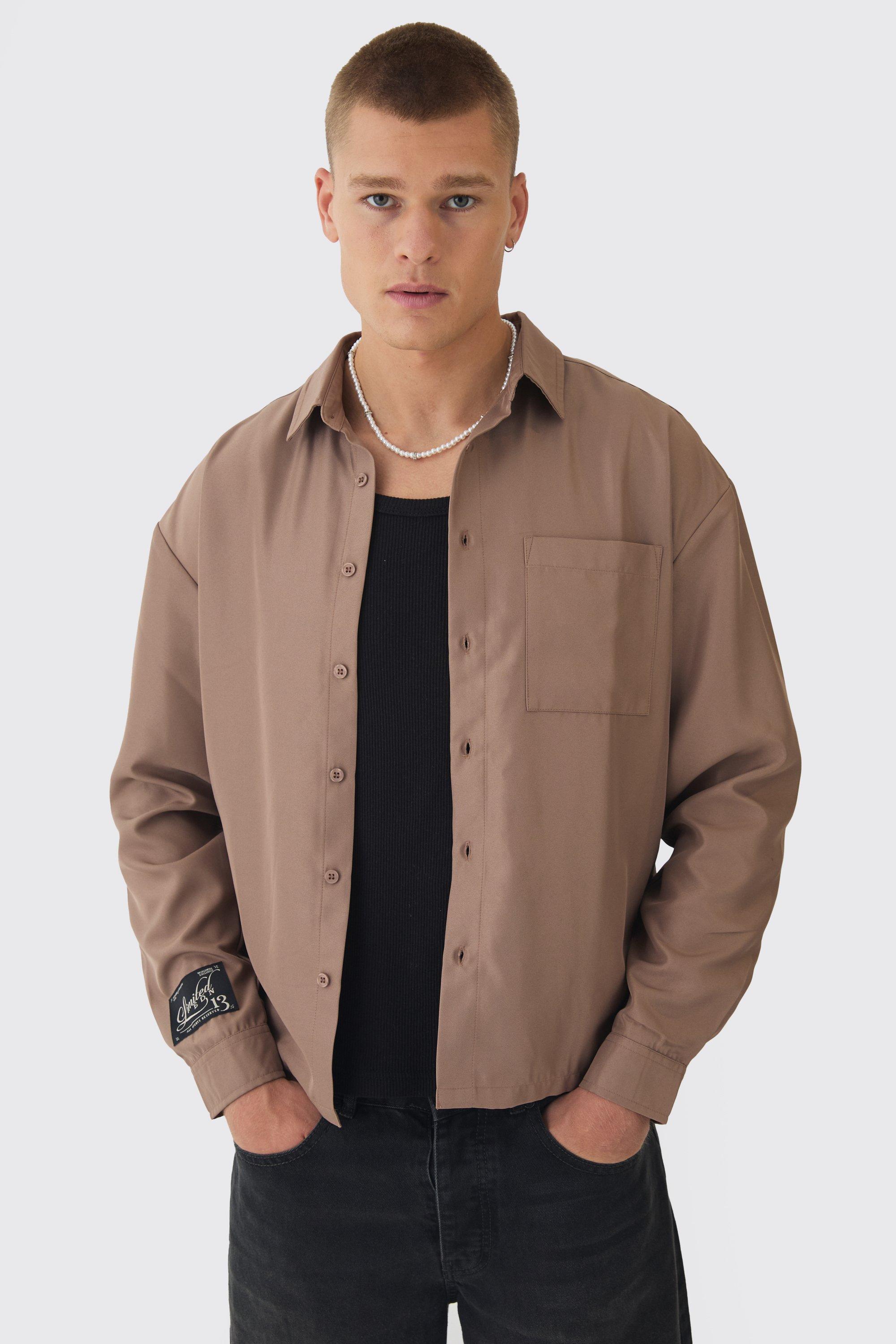 Mens Beige Oversized Soft Twill Long Sleeve Shirt, Beige