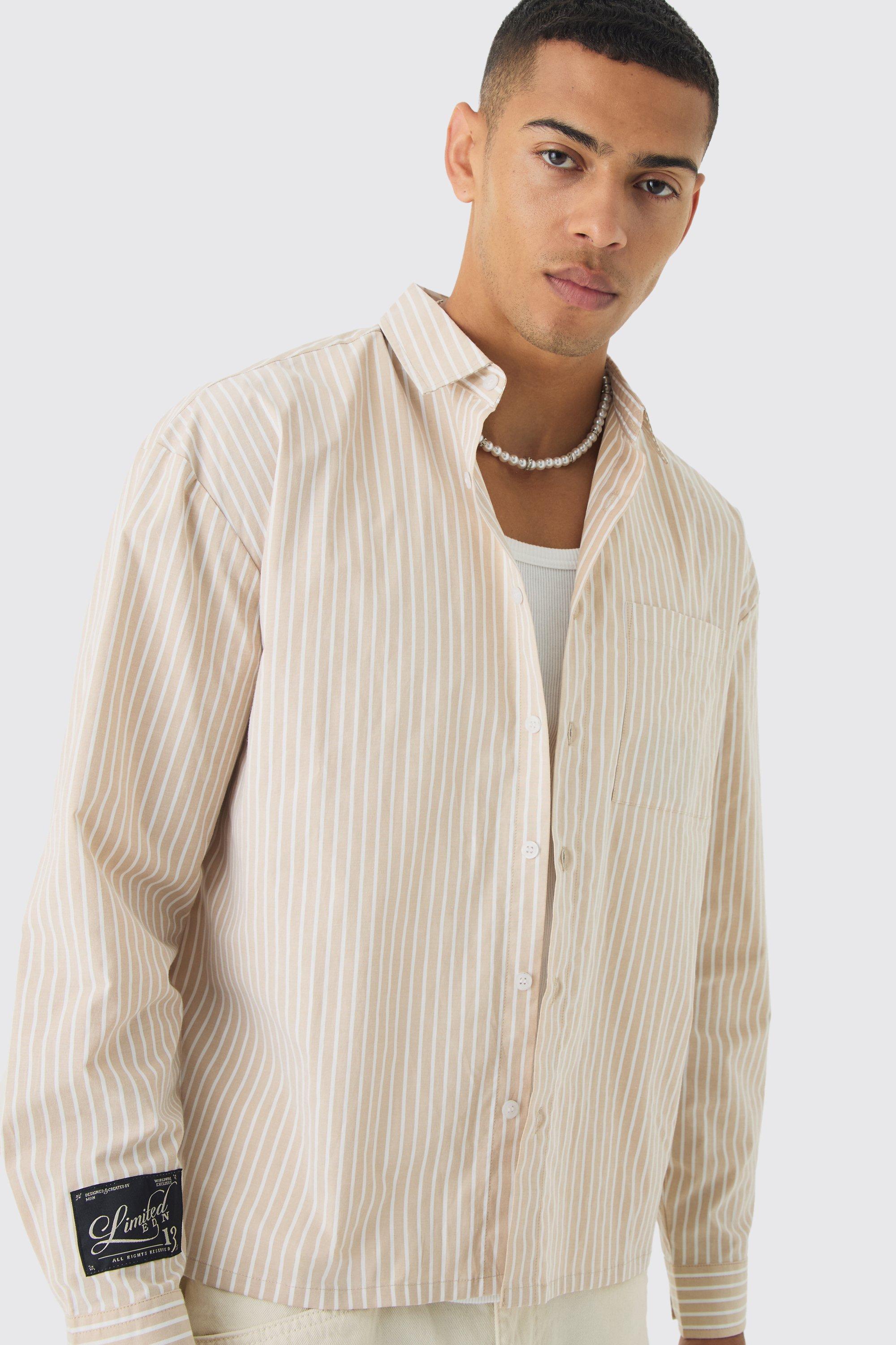 Mens Beige Oversized Poplin Stripe Long Sleeve Boxy Shirt, Beige