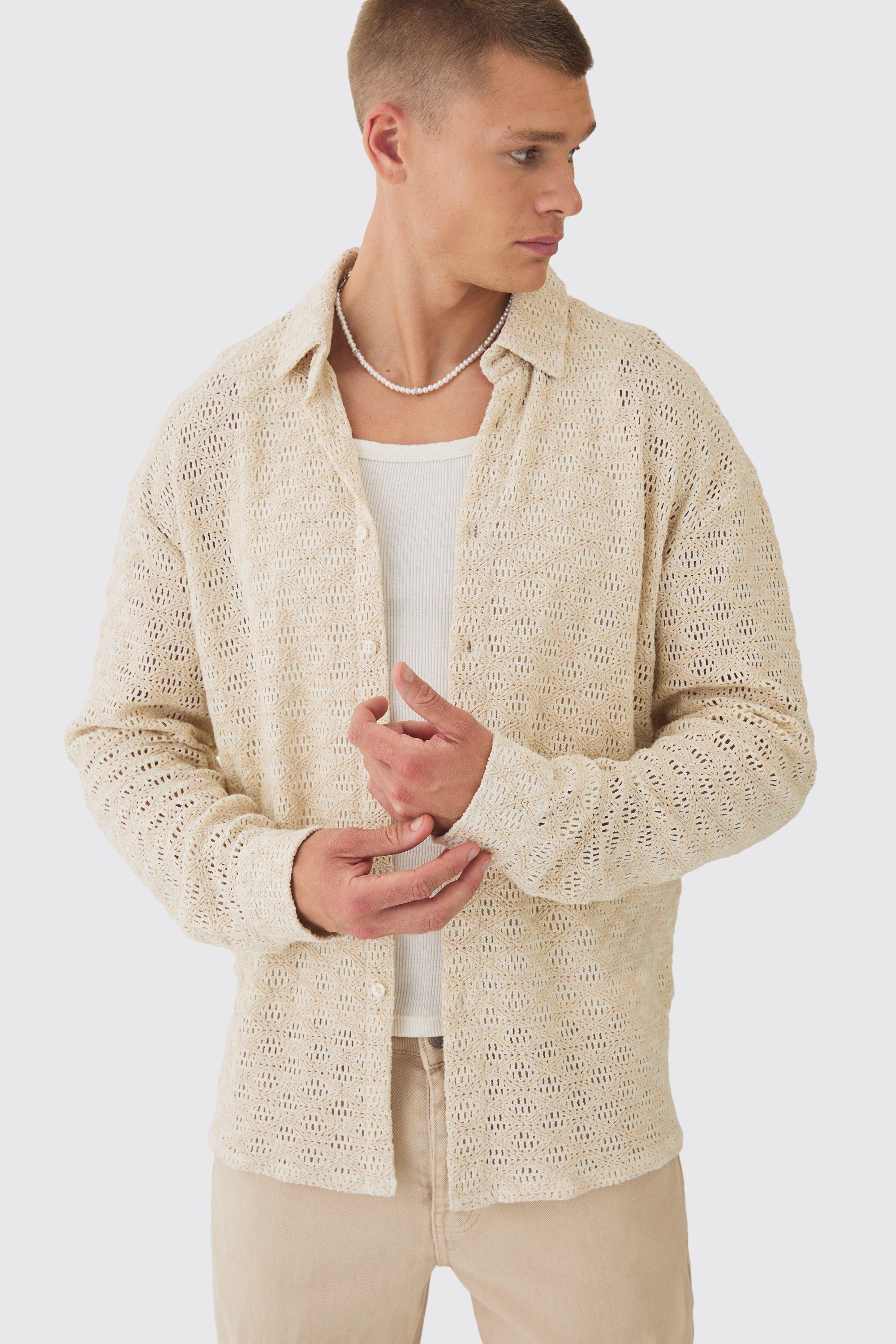 Mens Cream Oversized Long Sleeve Crochet Shirt, Cream