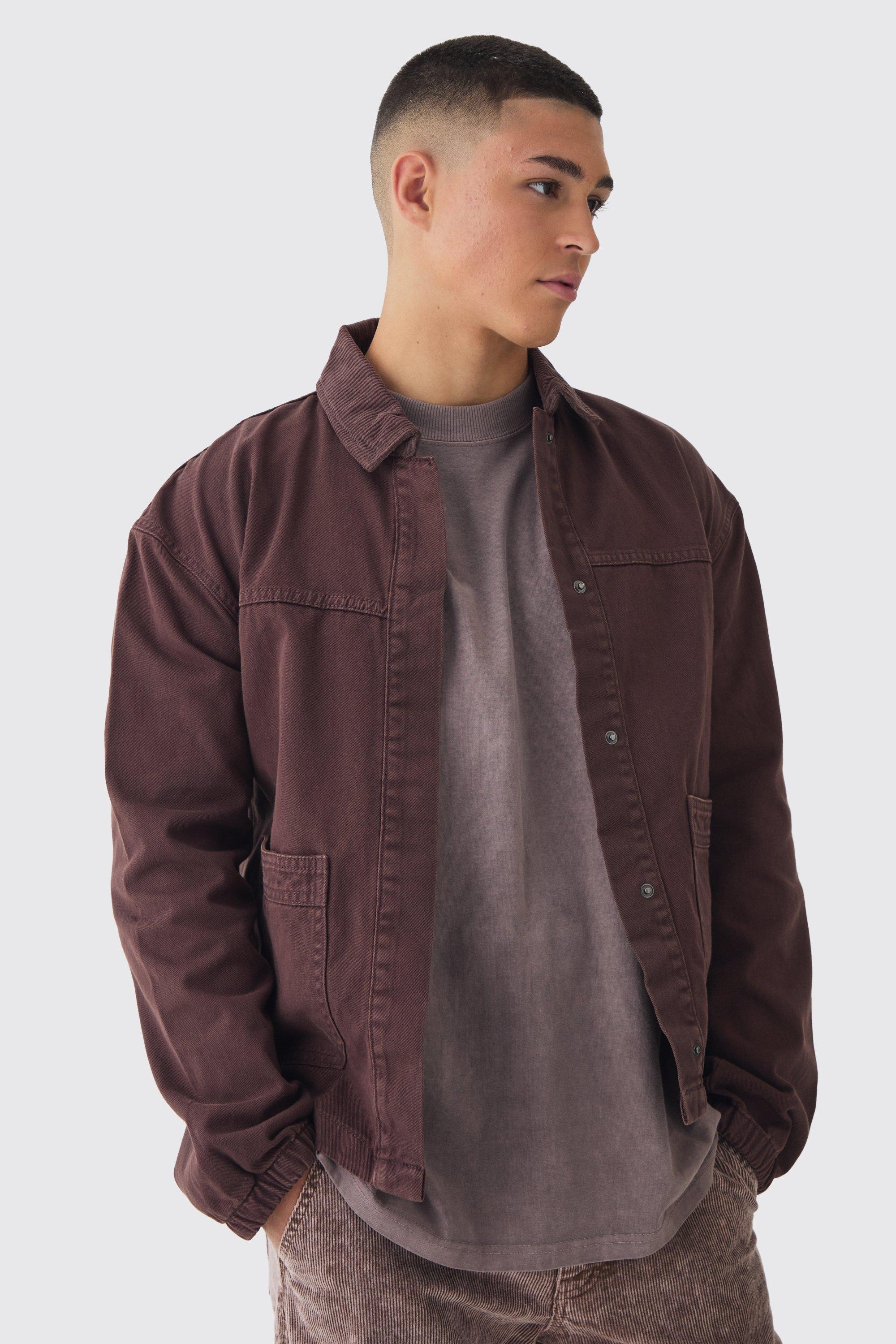 Mens Brown Regular Twill Embroidered Overshirt With Cord Collar, Brown