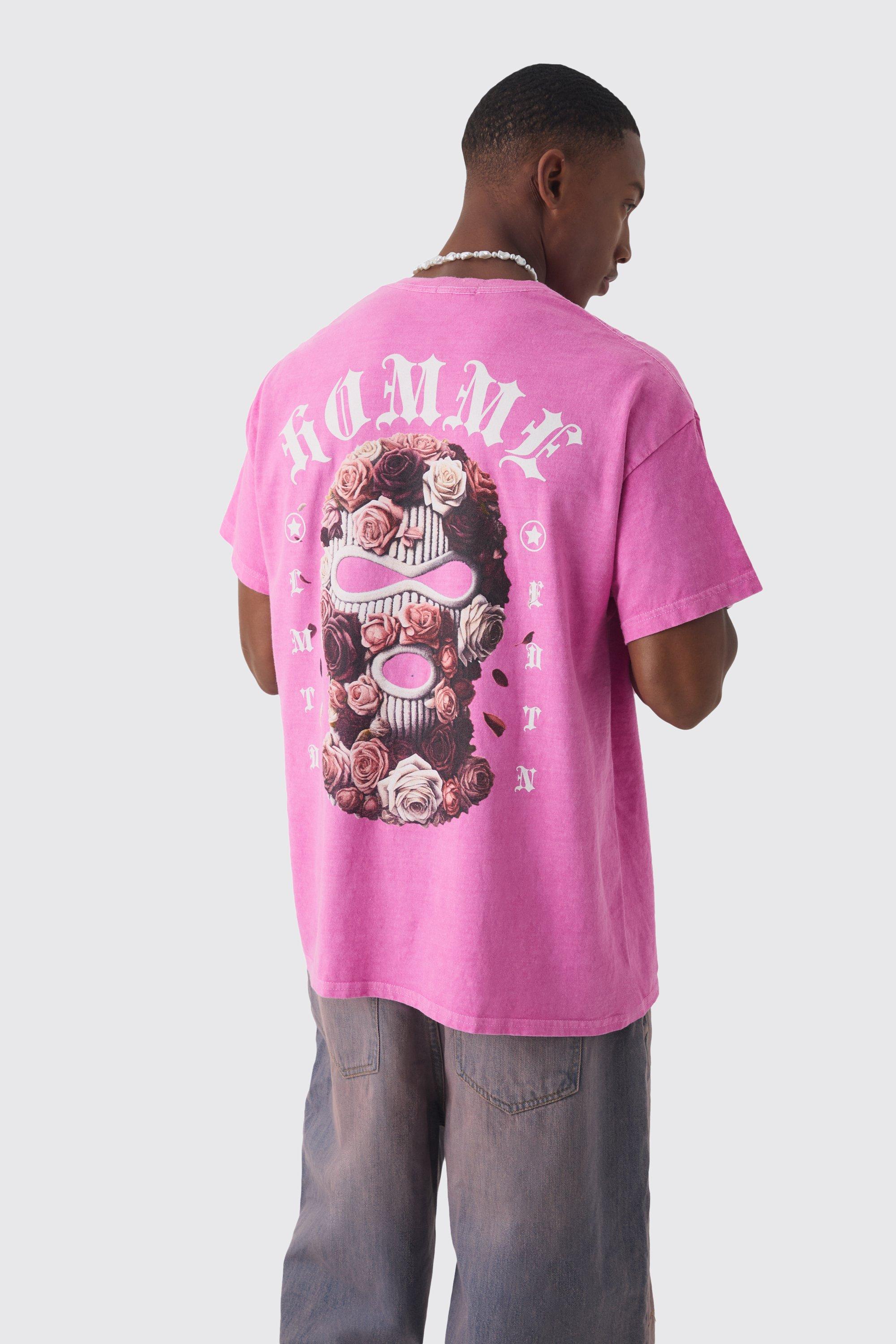 Mens Pink Oversized Floral Mask Graphic Wash T-shirt, Pink