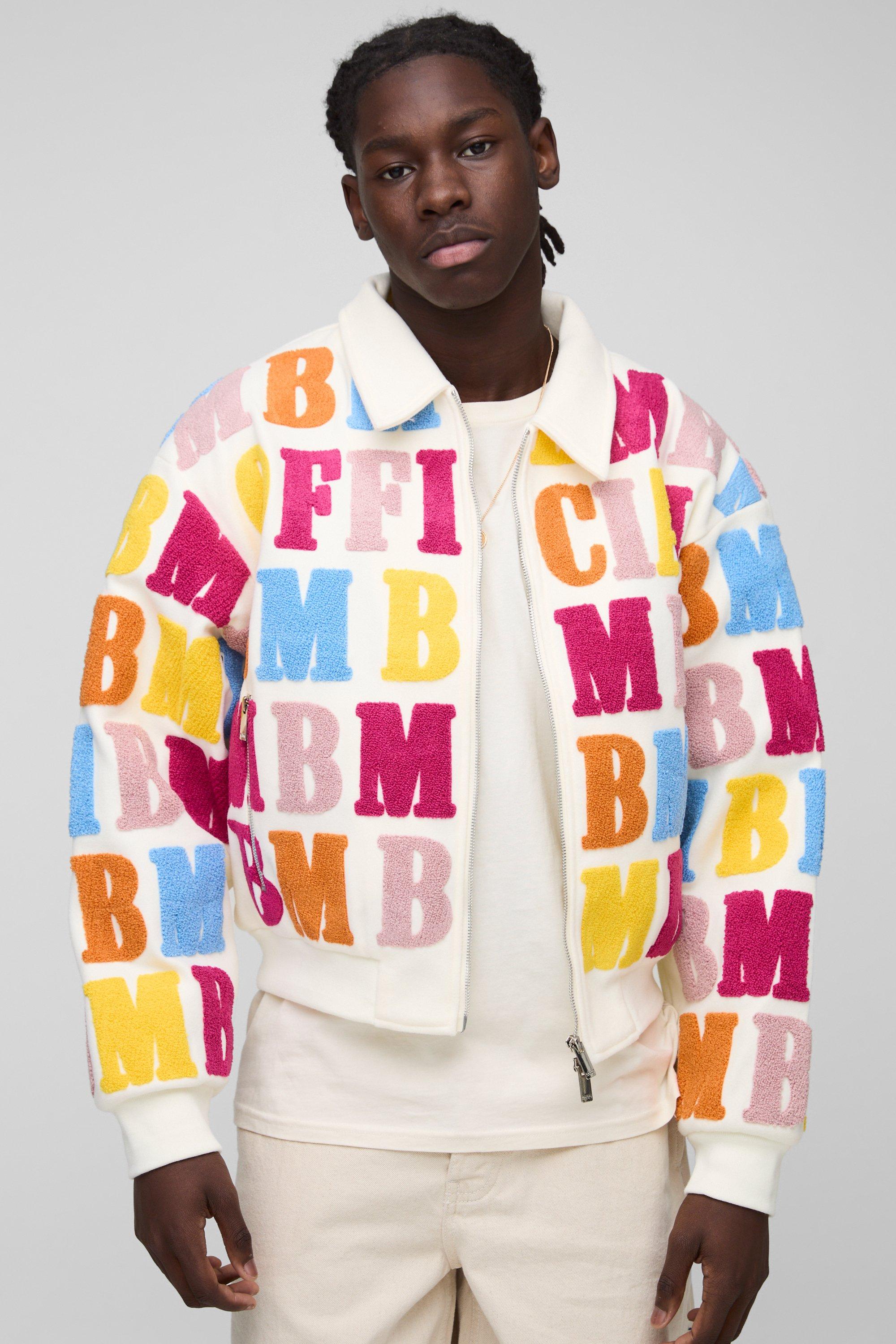 Mens Cream Boxy Letter Badge Collared Varsity Jacket In Ecru, Cream