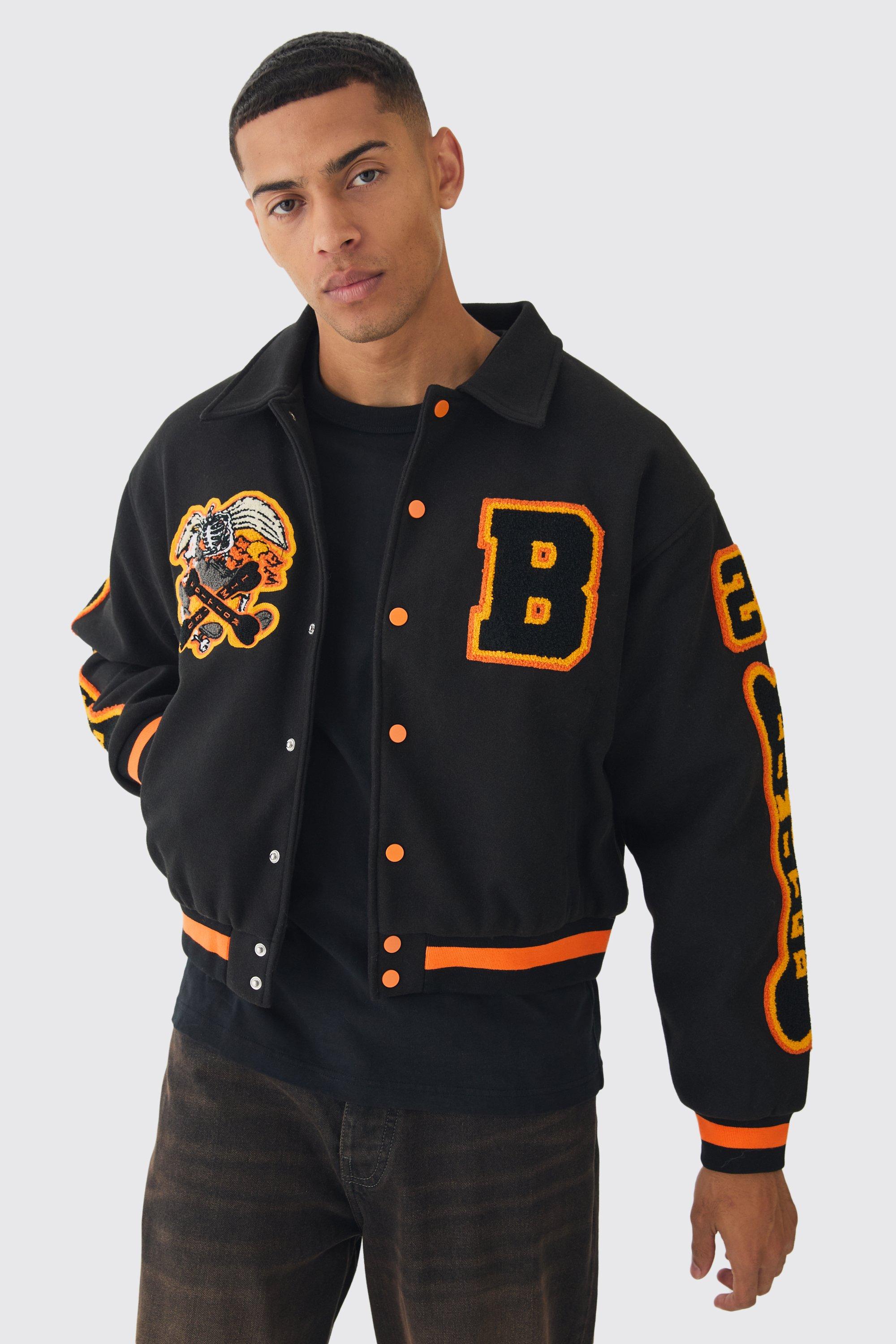Mens Boxy Badge Collared Varsity Jacket In Black, Black