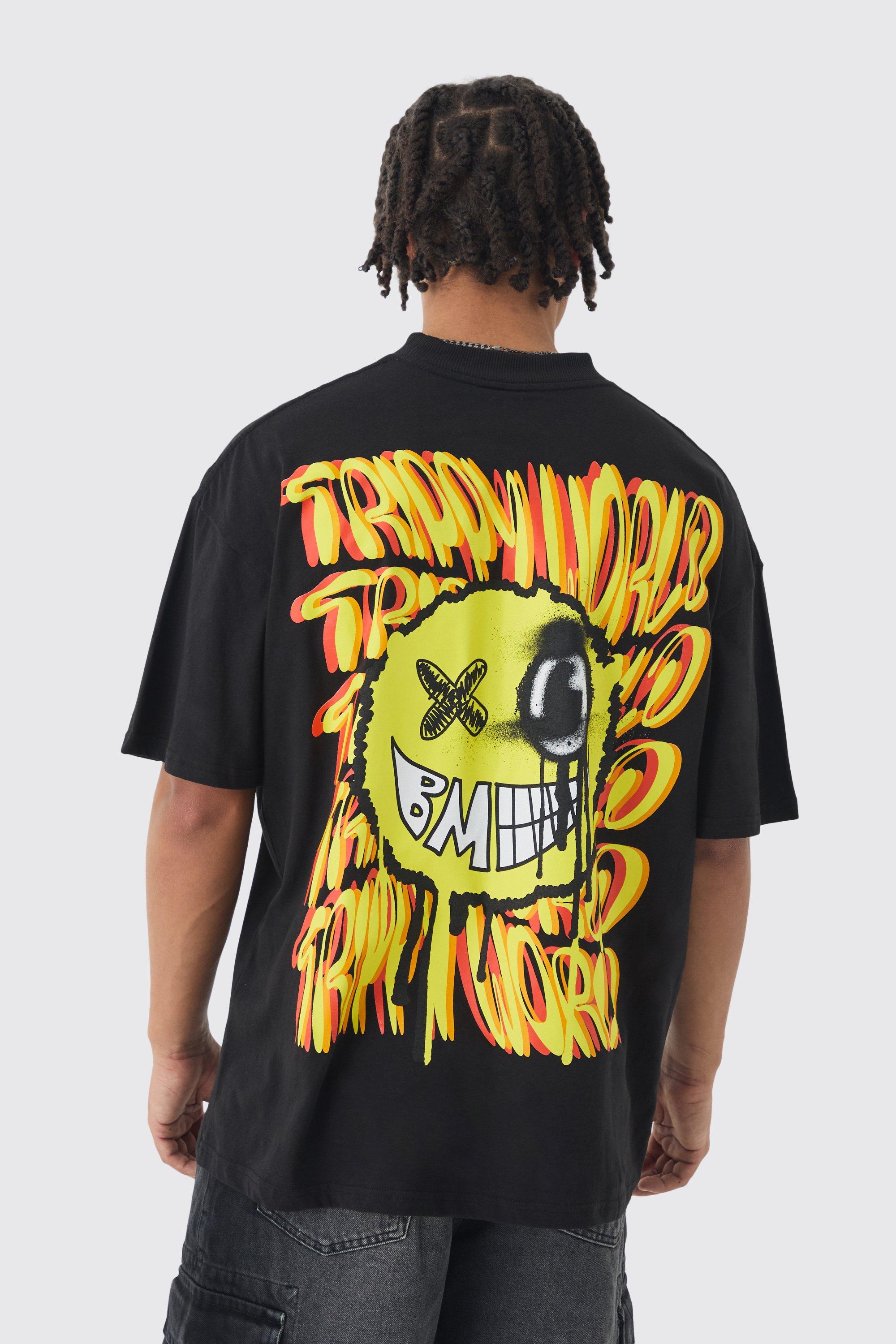 Mens Black Oversized Trippy Smiley Face Graphic T-shirt, Black