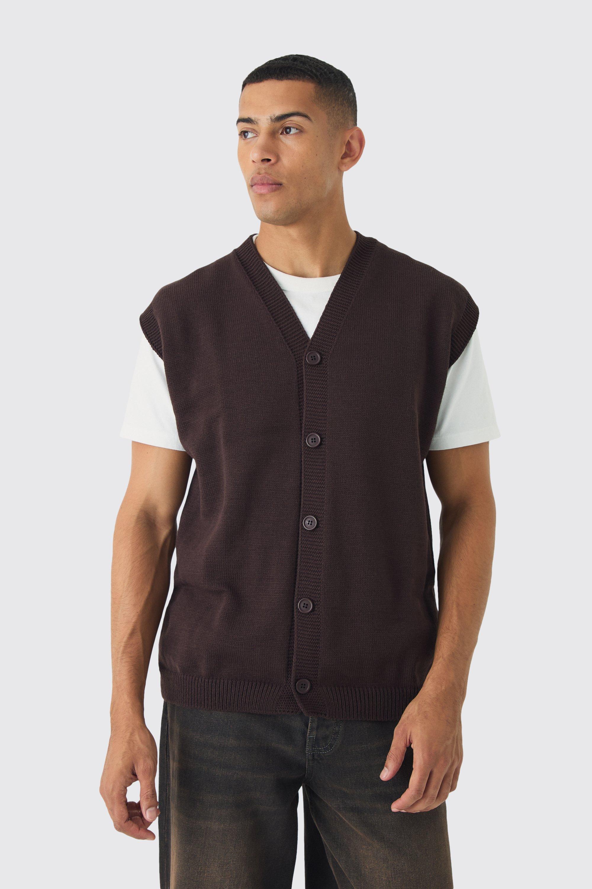 Mens Brown Oversized V Neck Button Through Knitted Vest, Brown