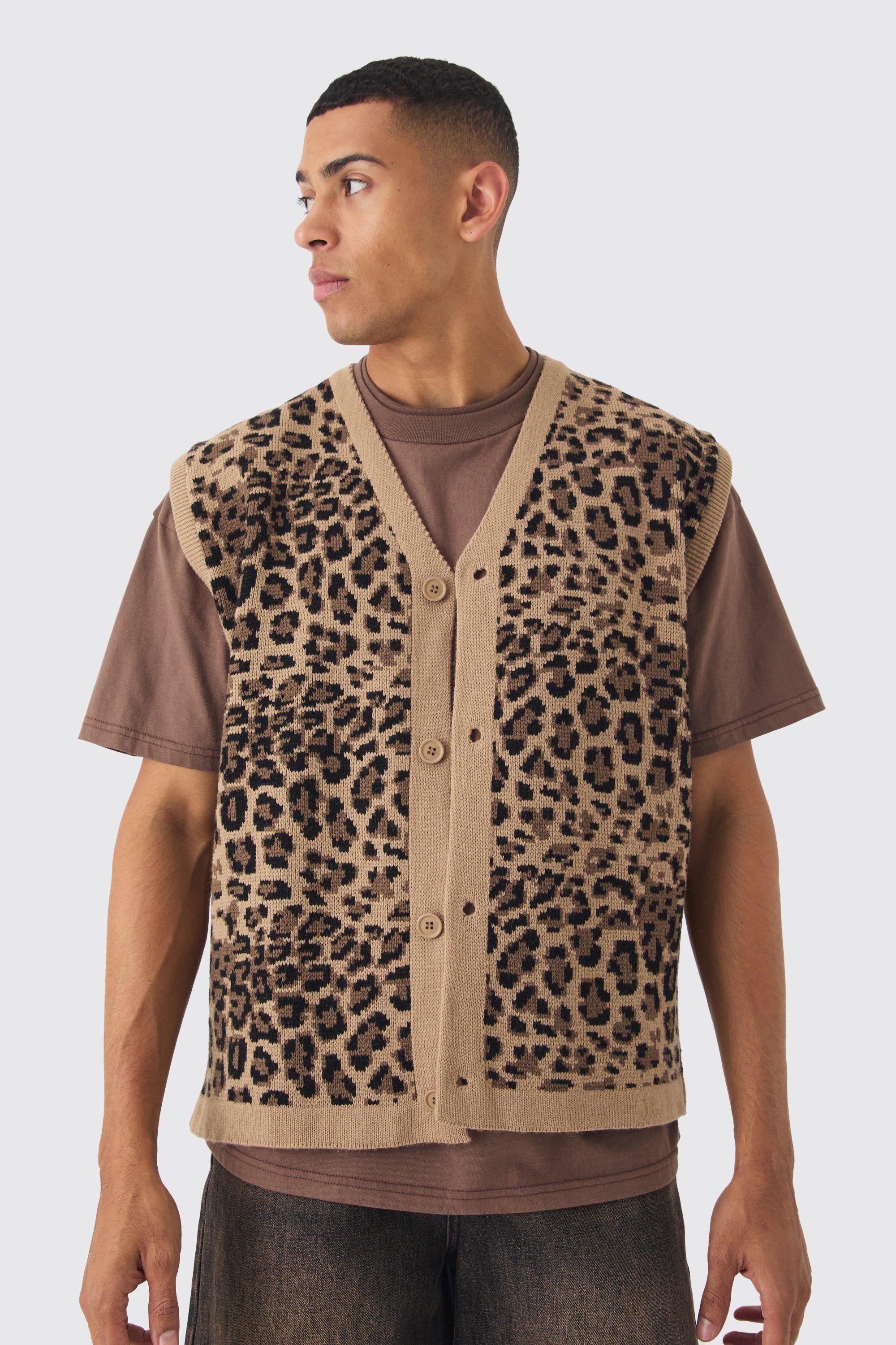 Mens Brown Oversized V Neck Leopard Button Through Knitted Vest, Brown