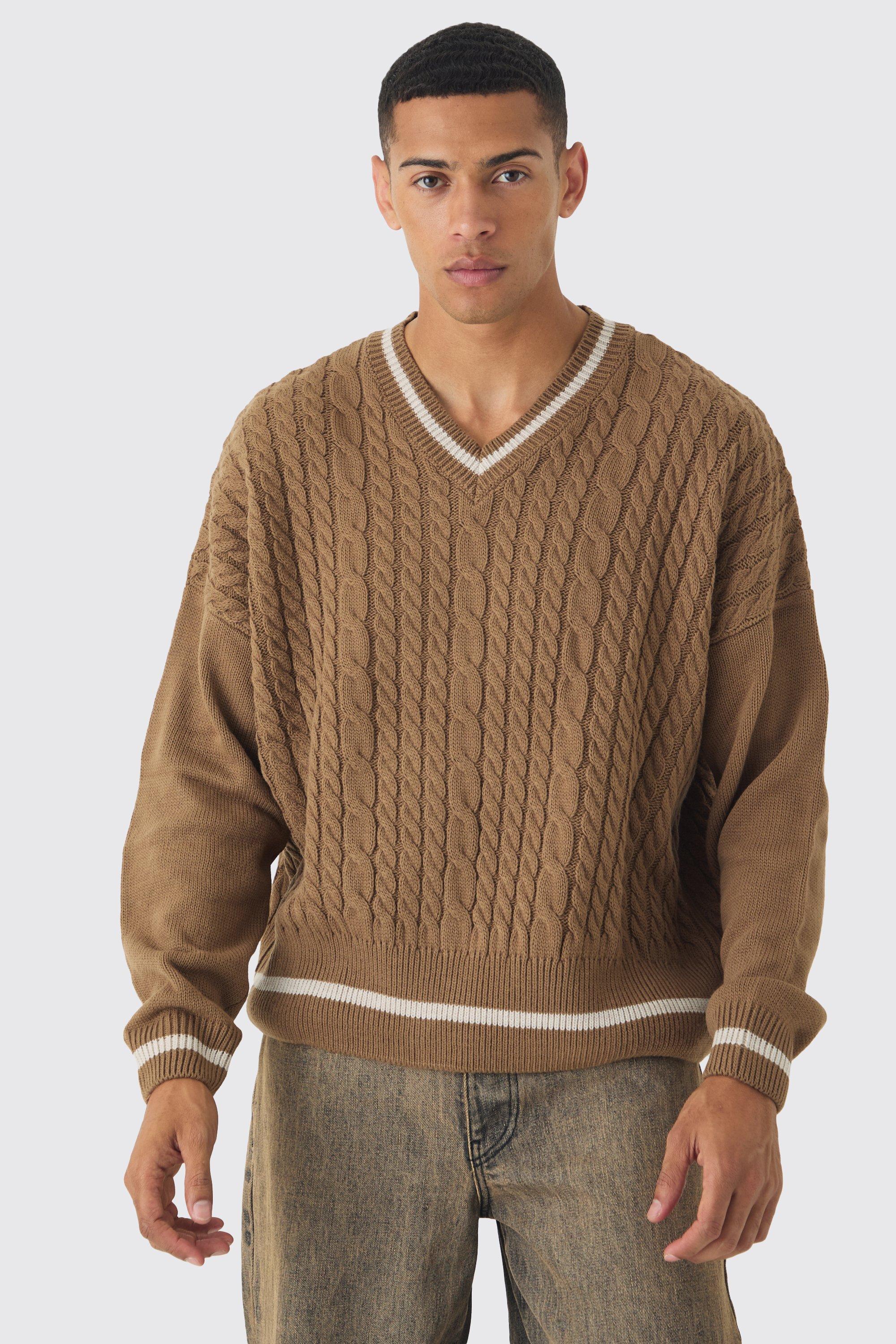 Mens Beige Oversized Boxy Cable Knit V Neck Jumper, Beige