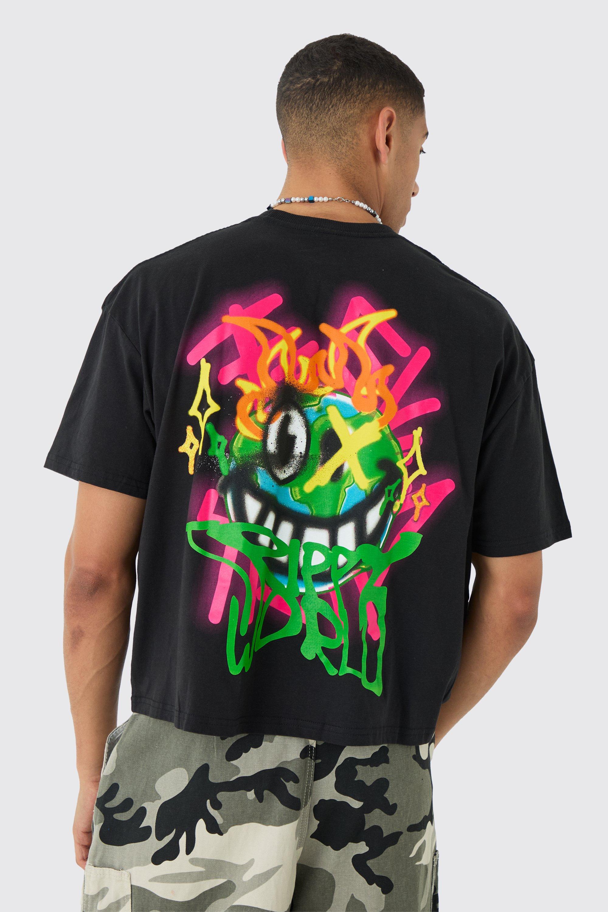 T-shirt squadrata oversize con stampa psichedelica stile Graffiti e girocollo esteso, Nero