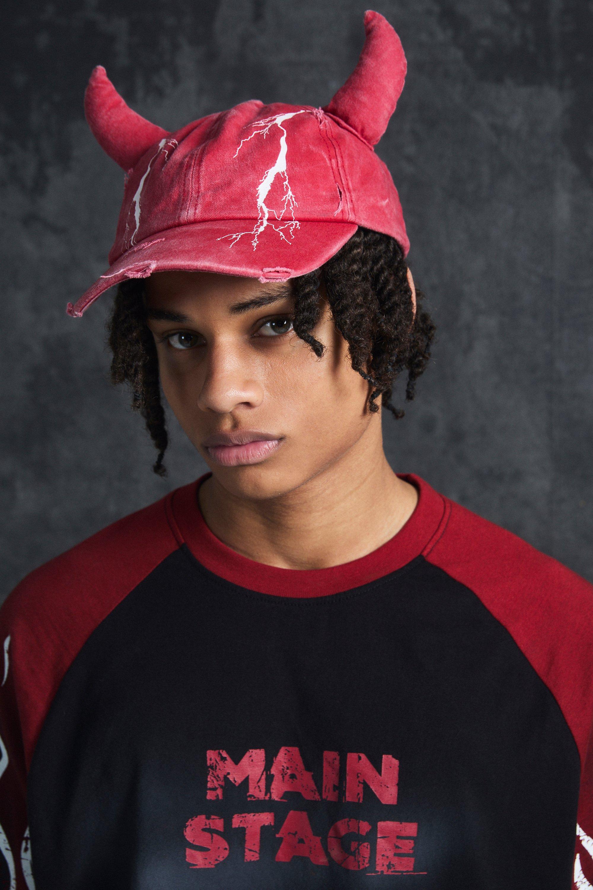 Mens Trippie Redd Graphic Print Distressed Horn Cap In Red, Red