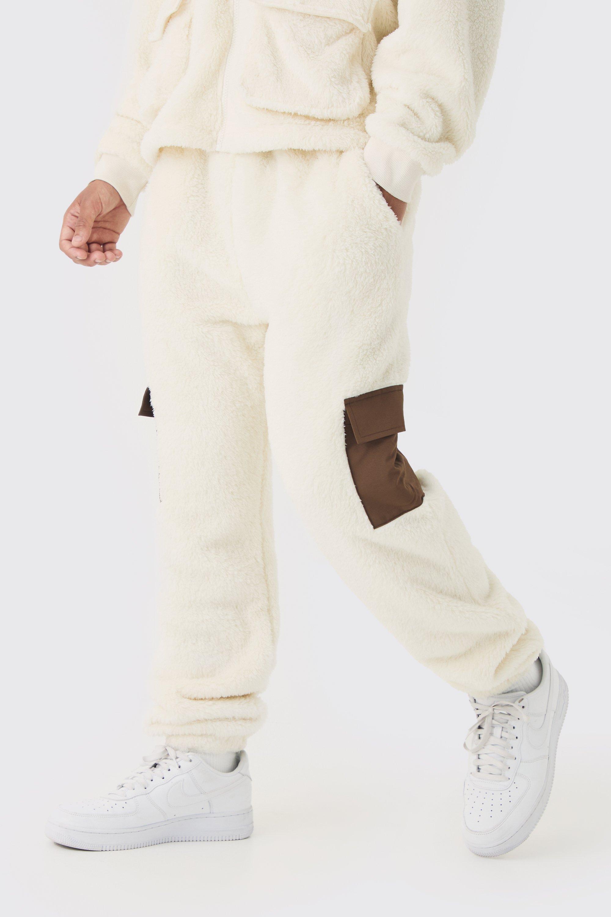 Pantaloni tuta Regular Fit in nylon borg Teddy con tasche, Cream