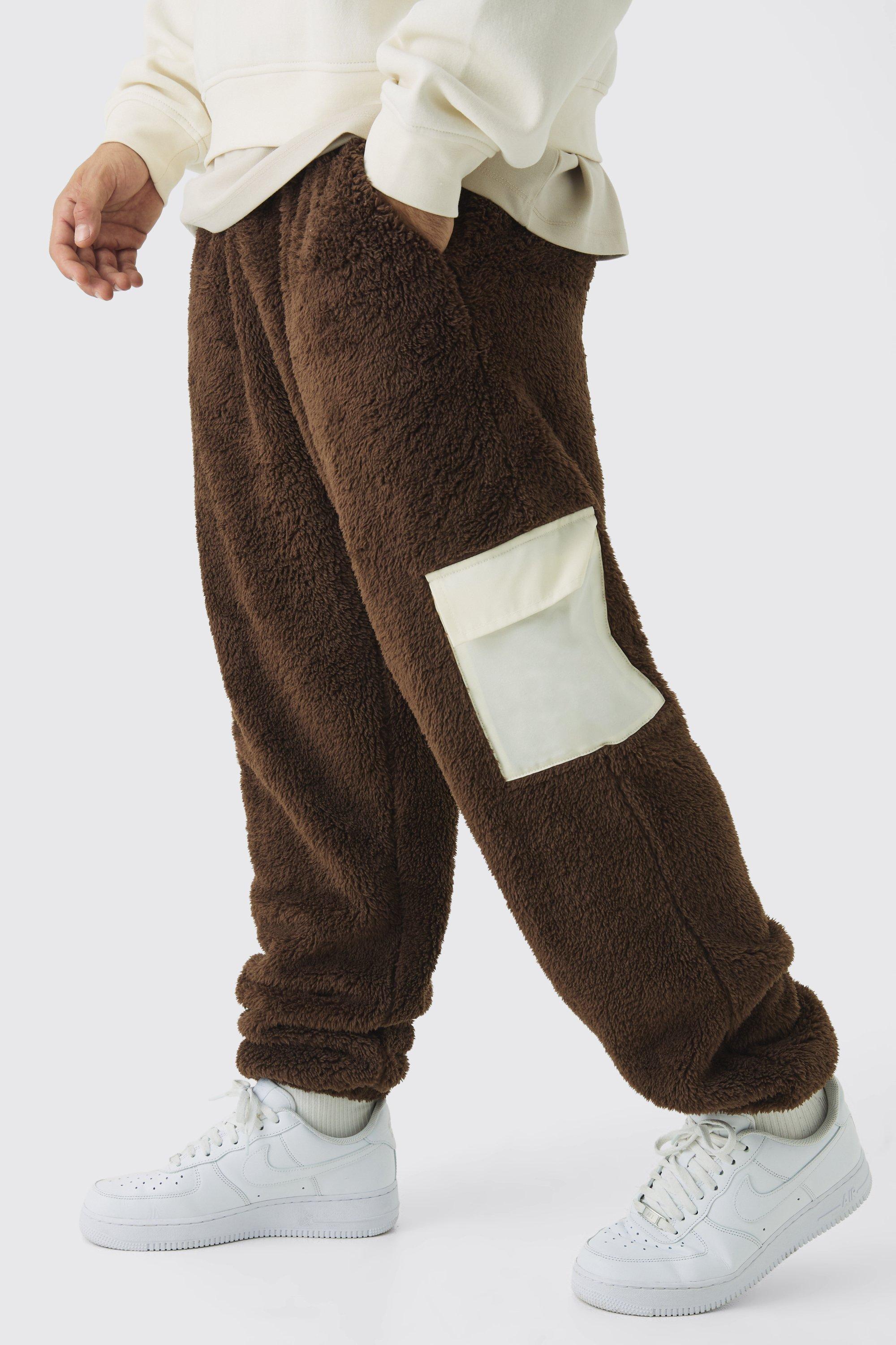 Pantaloni tuta Regular Fit in nylon borg Teddy con tasche, Brown