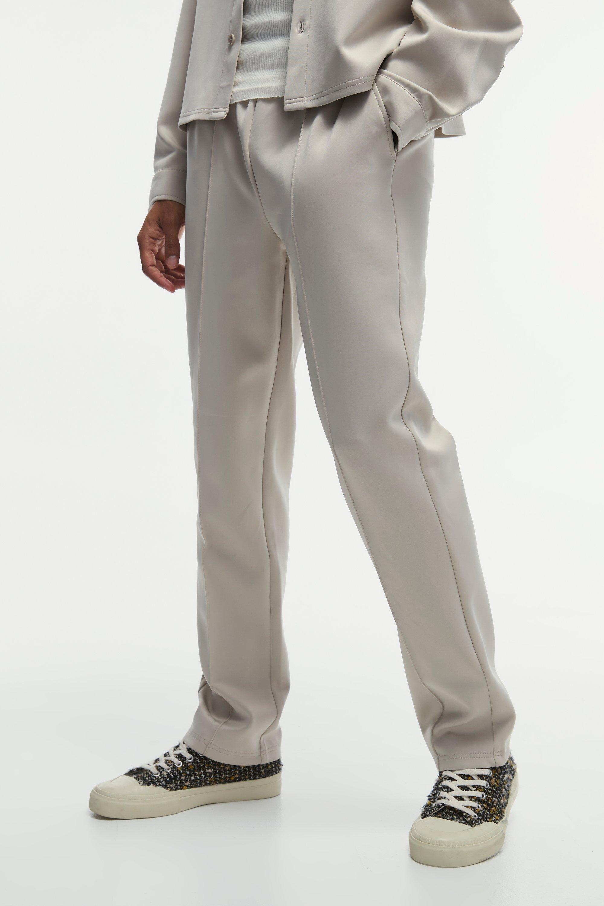 Mens Beige Tapered Pintuck Scuba Trouser, Beige