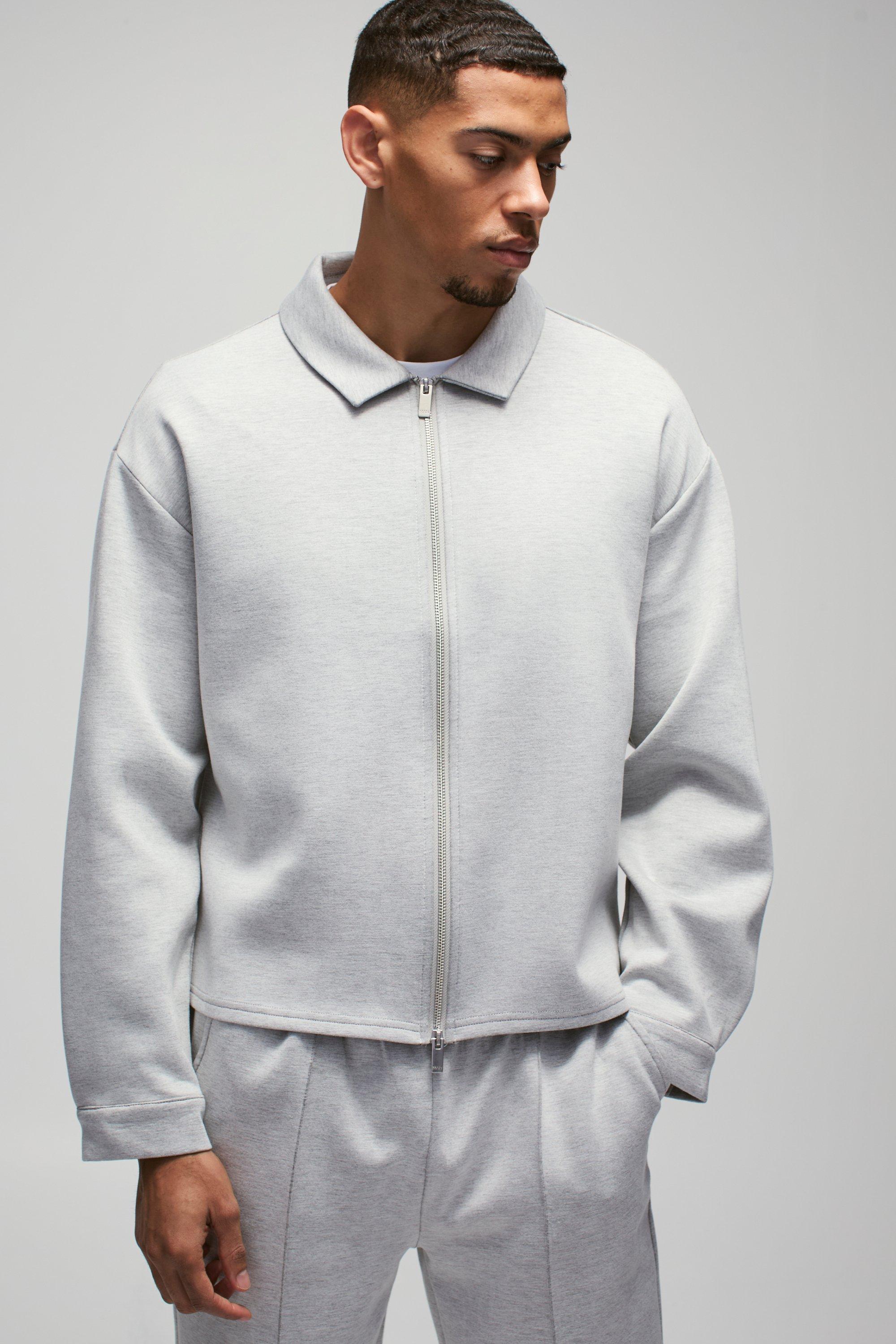 Mens Grey Oversized Boxy Zip Through Scuba Shirt, Grey